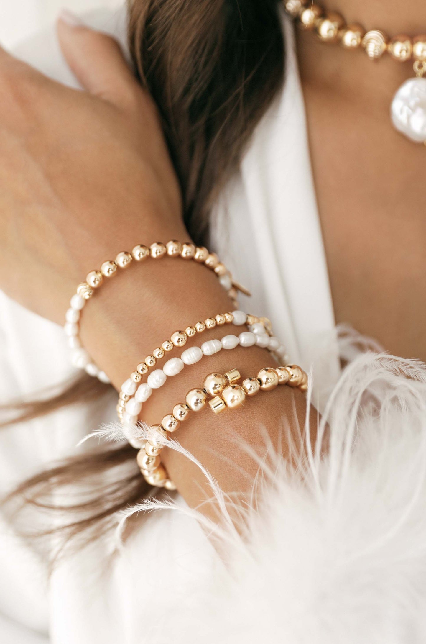 Freshwater Pearl Party Stack 18k Gold Plated Bracelet Set on model