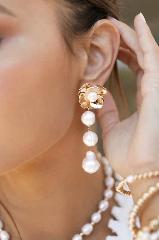 Golden Petals and Graduating Freshwater Pearl Earrings