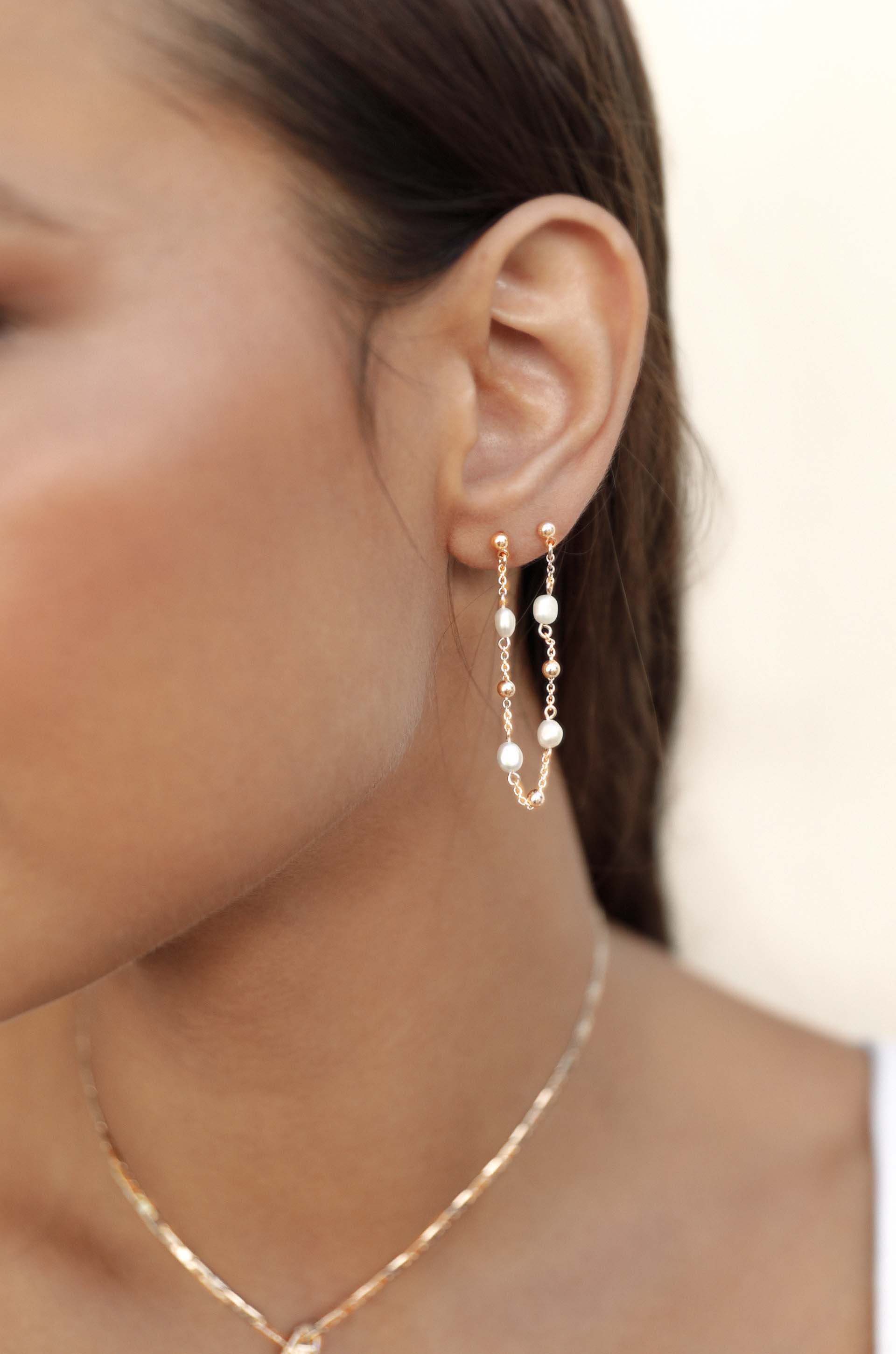 Double Piercing Freshwater Pearl Earrings on model