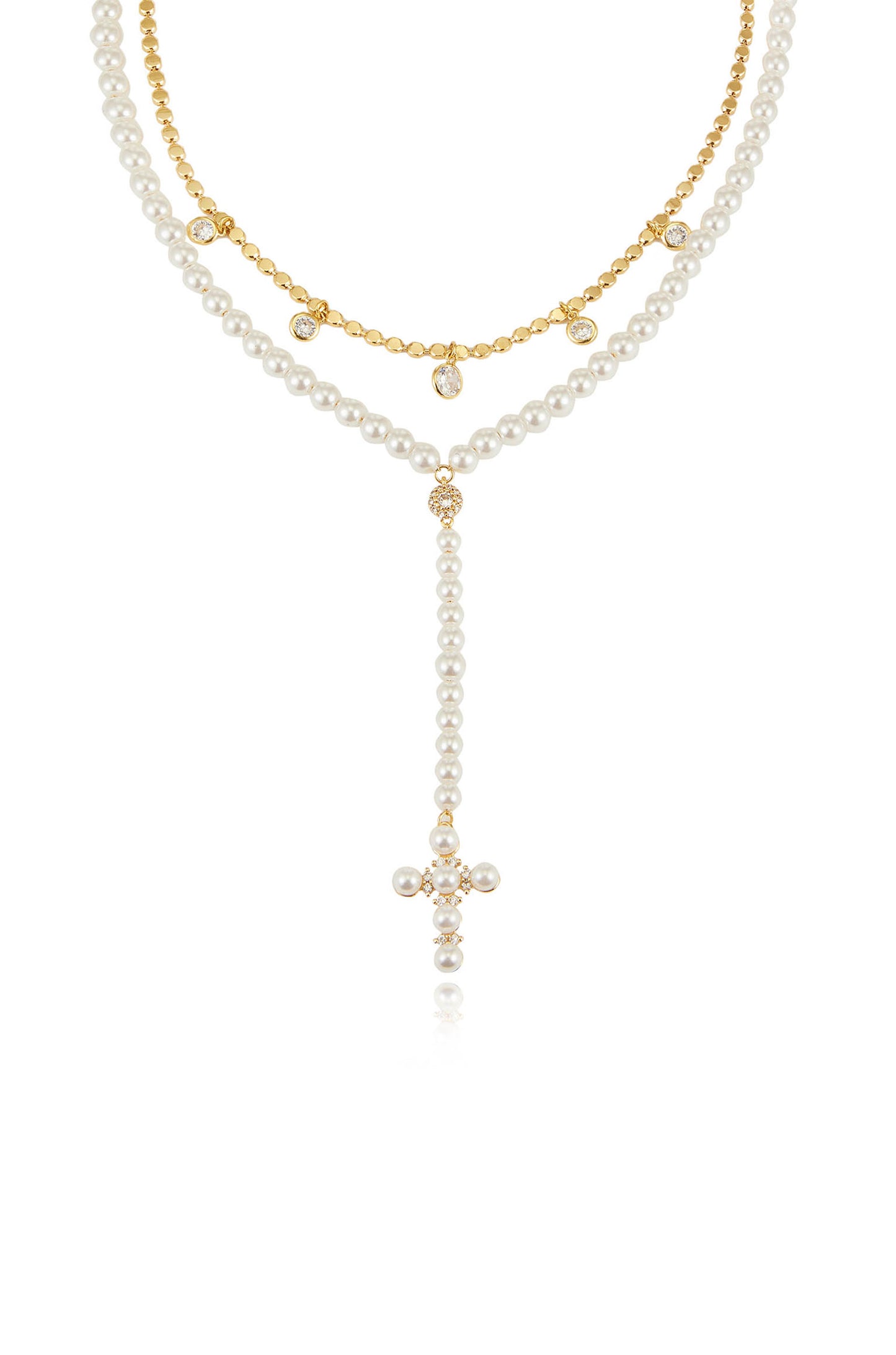 Pearl Cross Drop Lariat Necklace Set