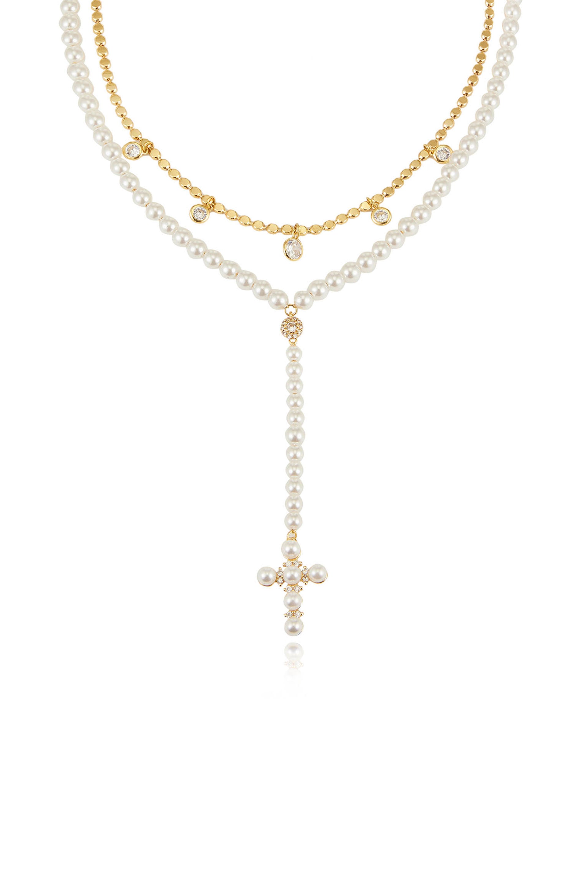 Pearl Cross Drop Lariat Necklace Set
