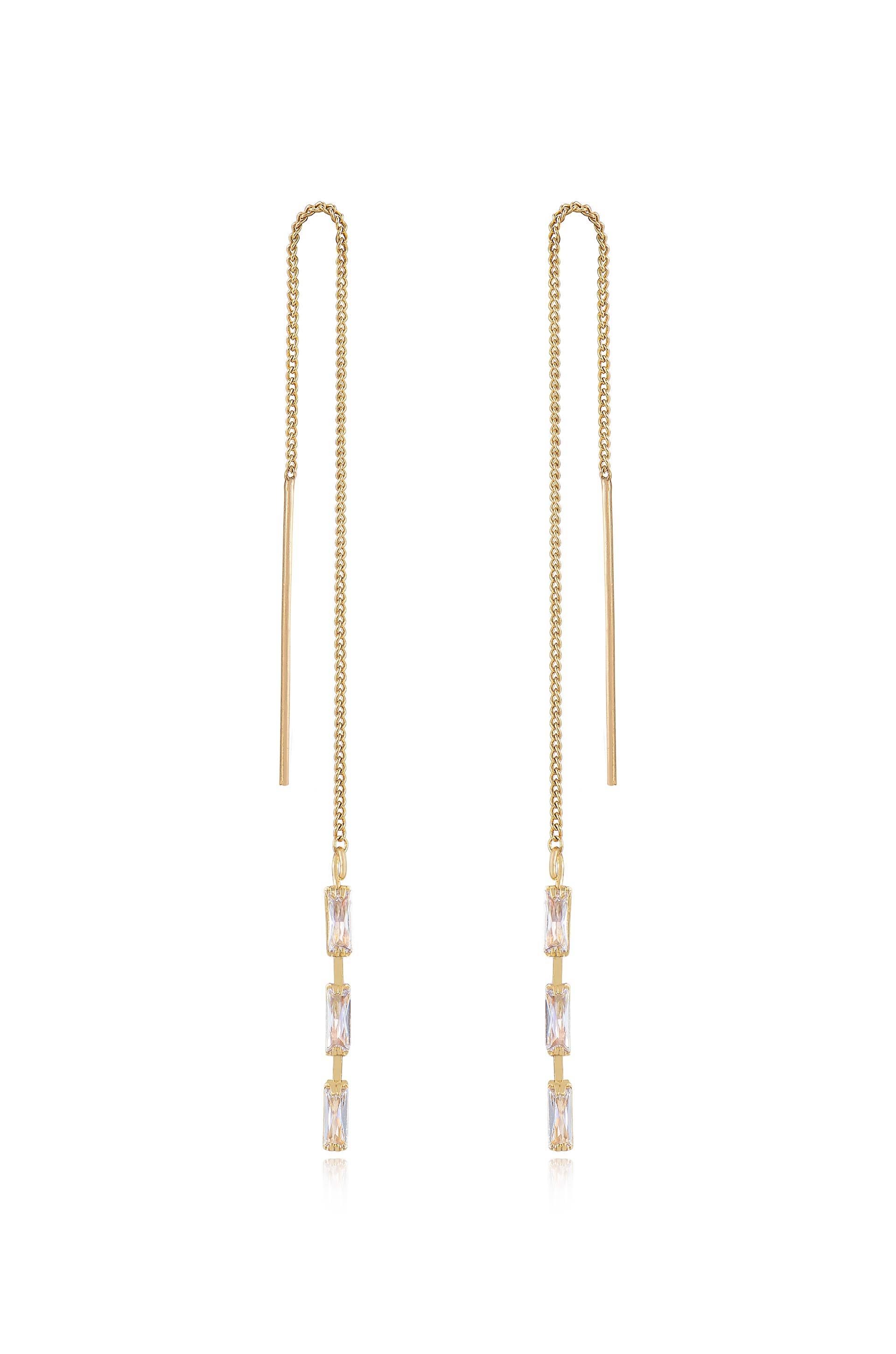 Crystal Baguette Threader Earrings Clear Crystal with 18k Gold Plating