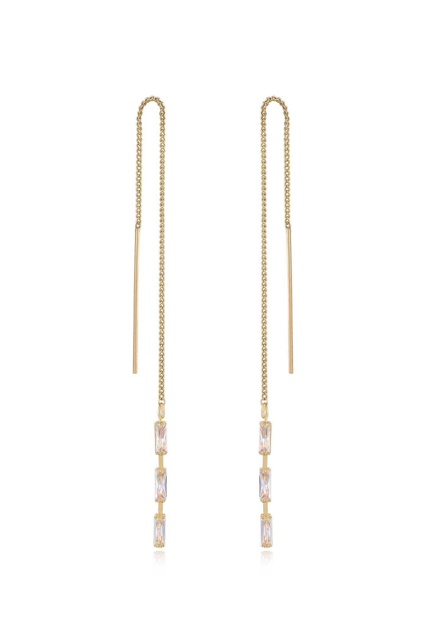 Crystal Baguette Threader Earrings Clear Crystal with 18k Gold Plating