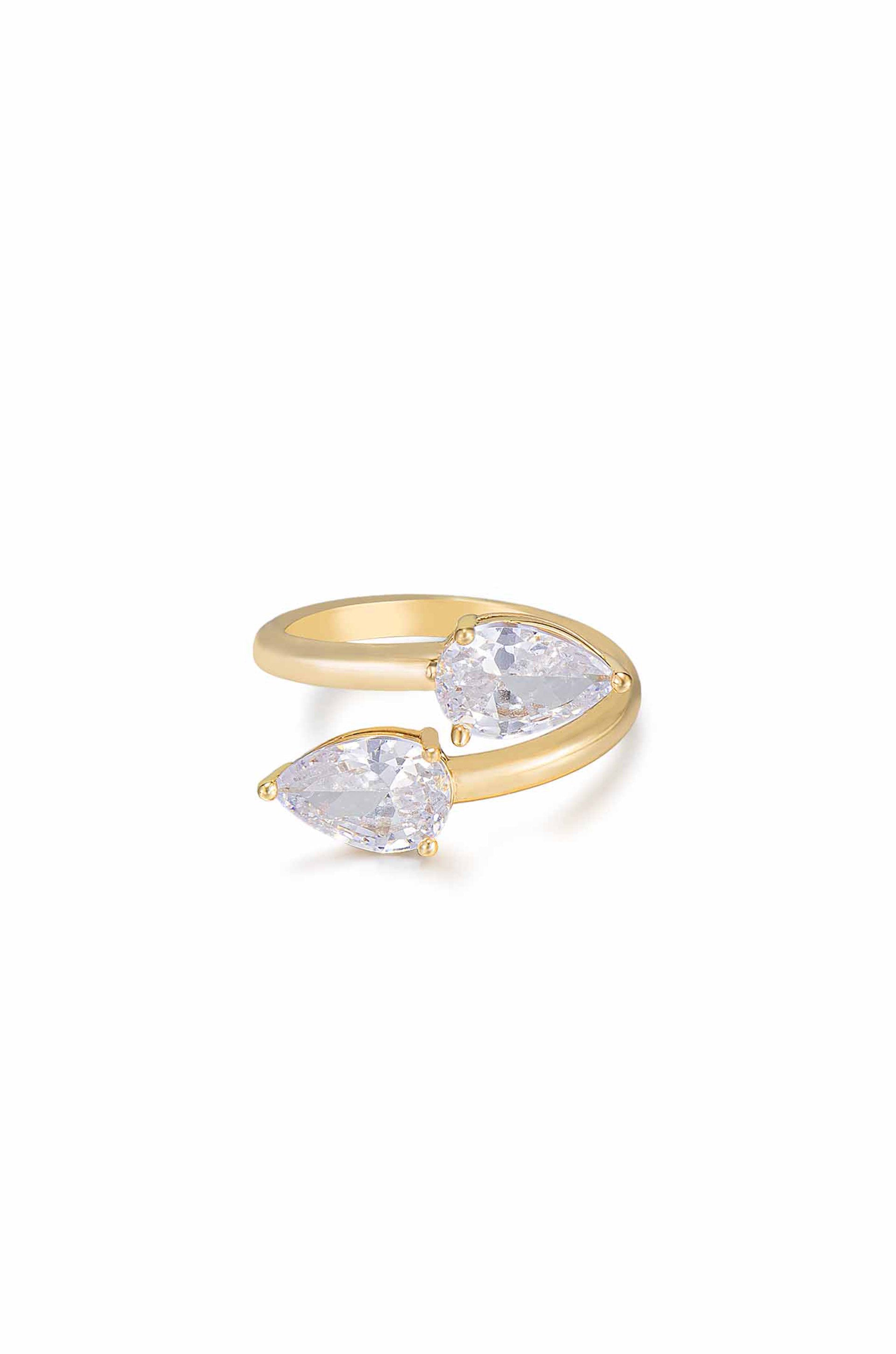 Crystal Teardrop Wrap Ring Clear Crystal with 18k Gold Plating