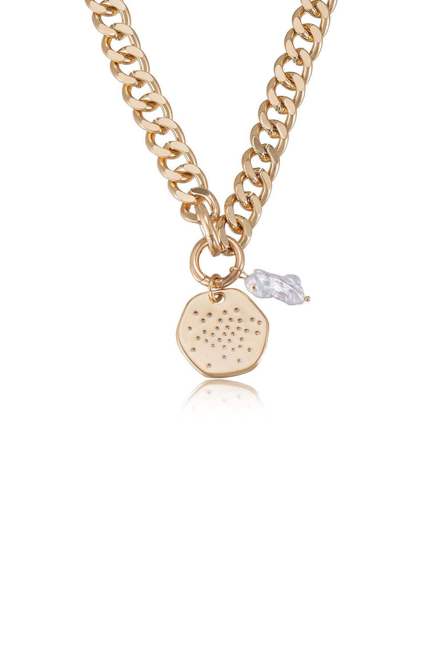 Lola Pearl and Medallion Chain Link 18k Gold Plated Choker Necklace close