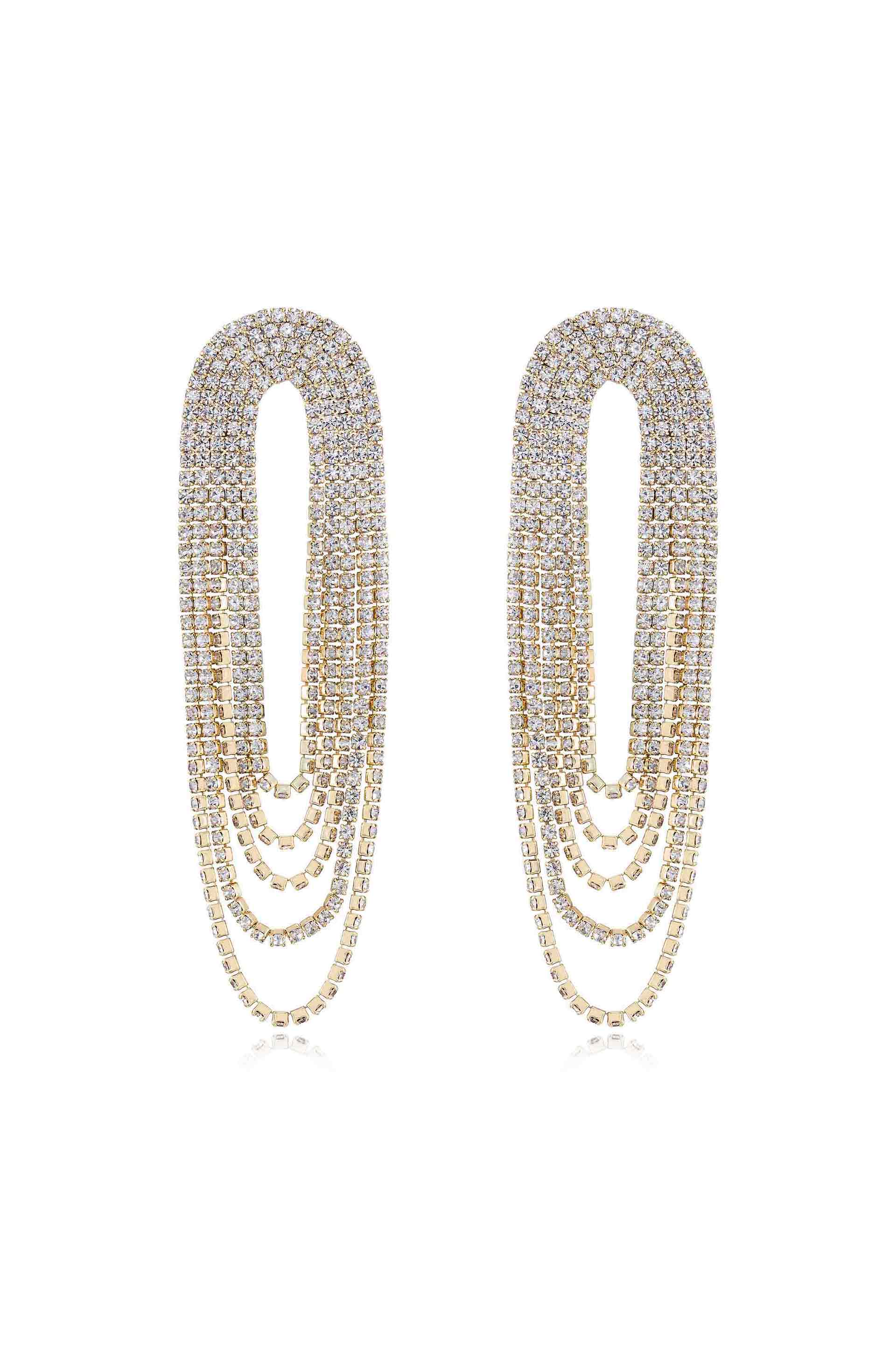 Crystal Drape Fringe Earrings Clear Crystal with 18k Gold Plating