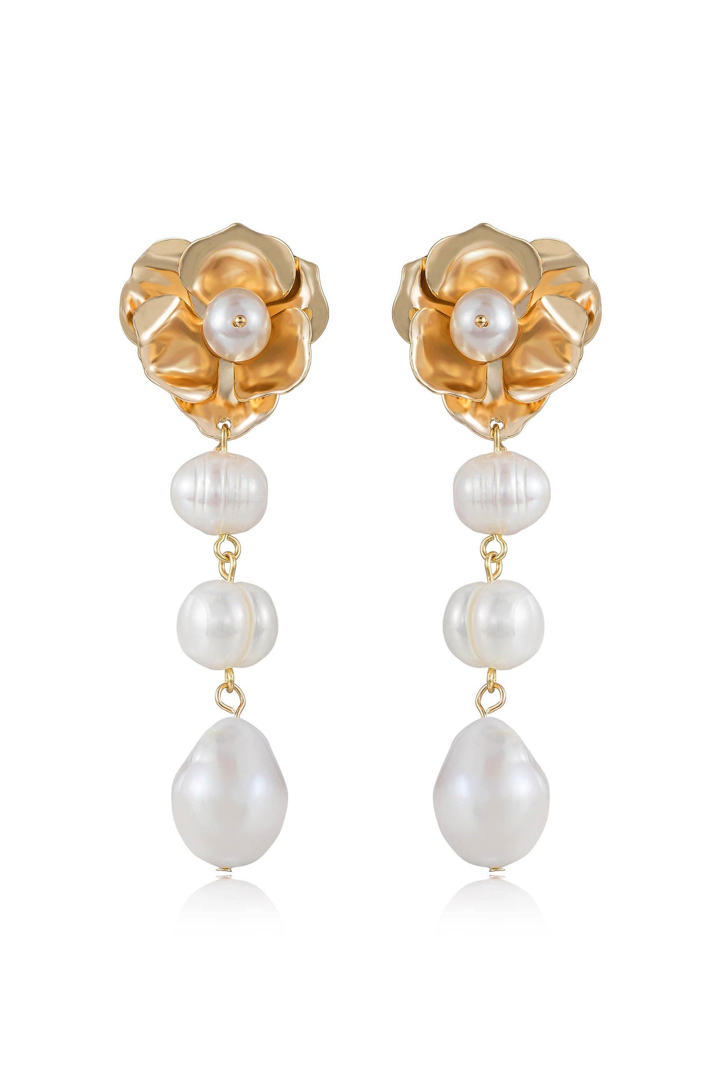 Golden Petals and Graduating Freshwater Pearl 18k Gold Plated Earrings