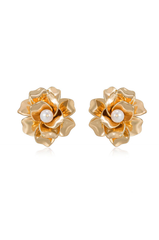 Golden Petals and Pearl Stud Earrings