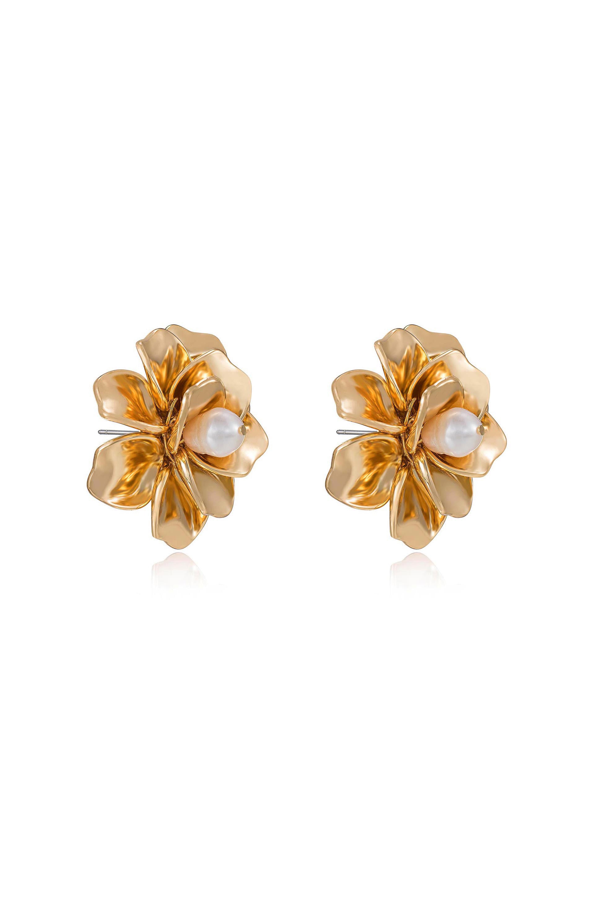 Golden Petals and Pearl Stud Earrings side
