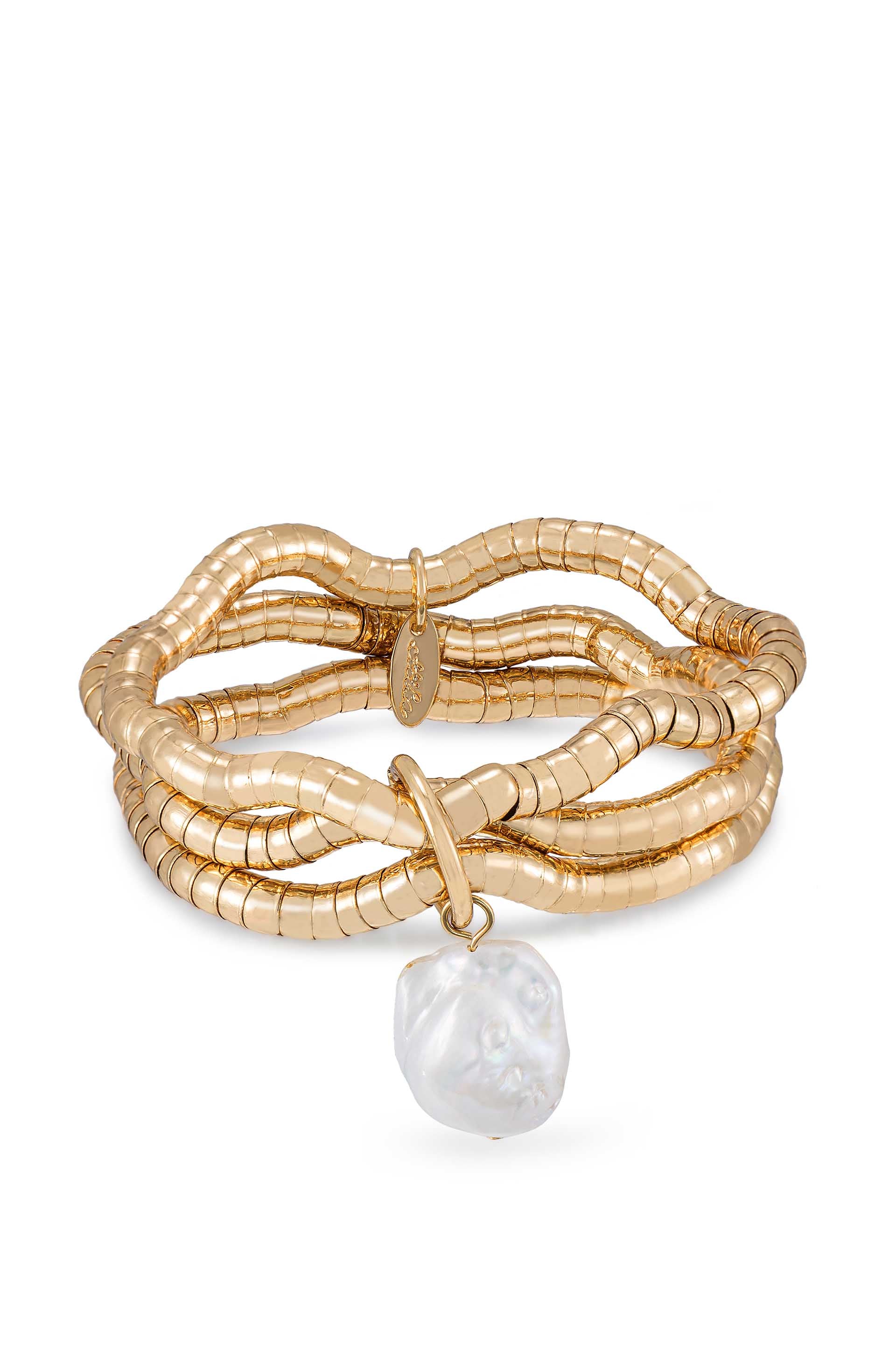 Liquid Gold and Pearl Stretch Bracelet Pearl with 18k Gold Plating