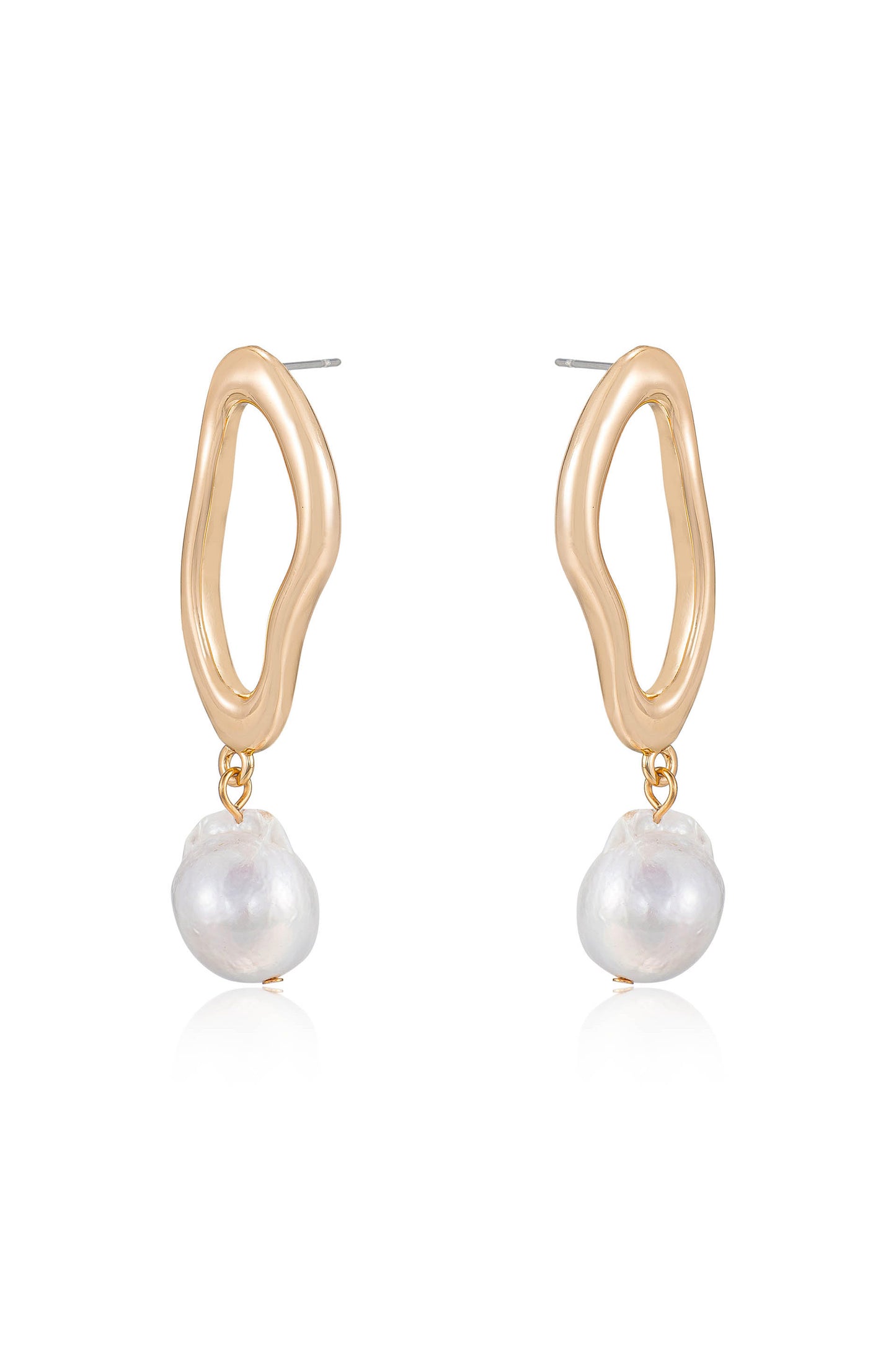 Open Circle 18k Gold Plated and Freshwater Pearl Dangle Earrings in white side view