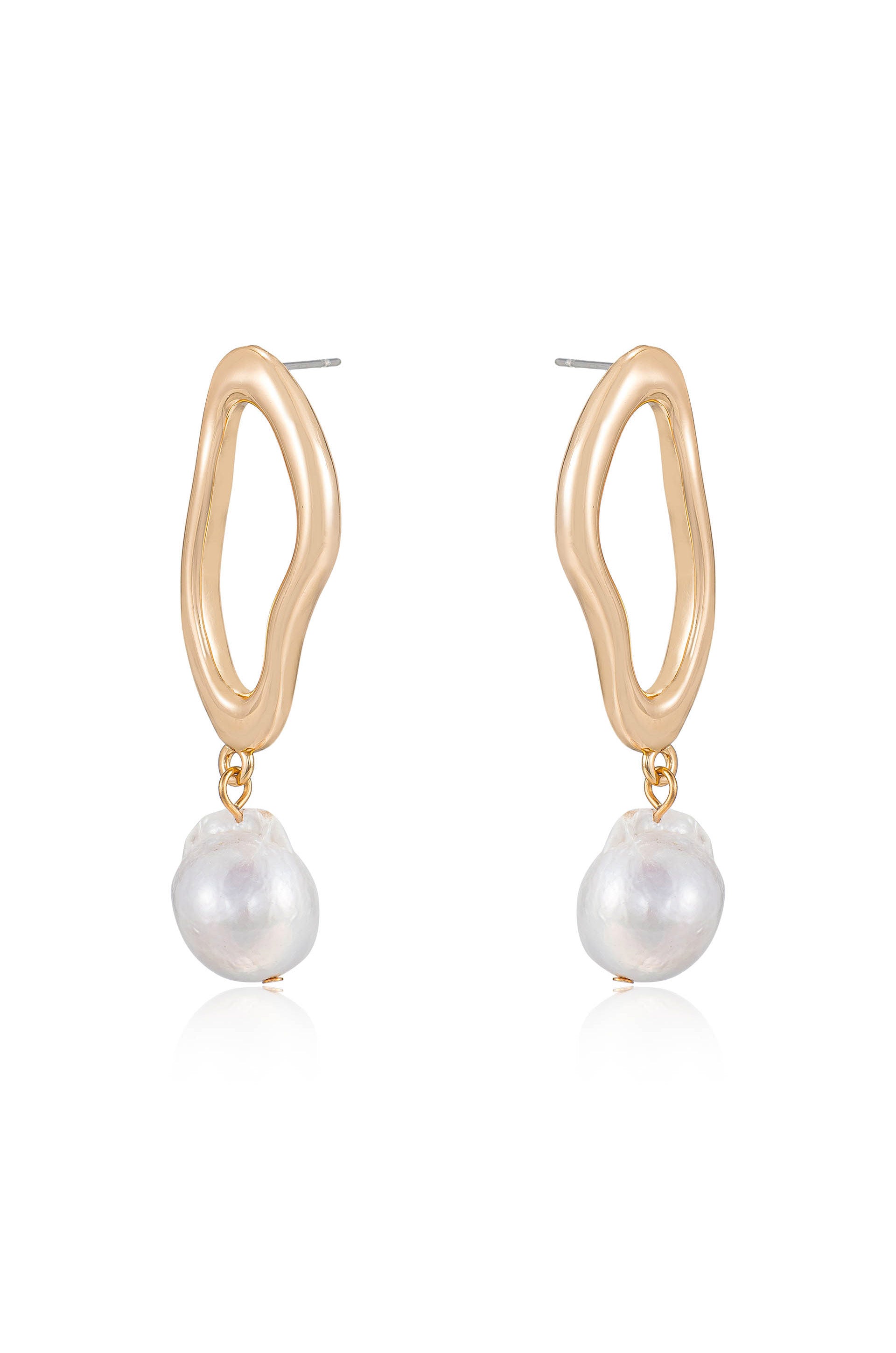 Open Circle 18k Gold Plated and Freshwater Pearl Dangle Earrings in white side view