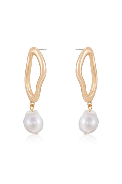 Open Circle 18k Gold Plated and Freshwater Pearl Dangle Earrings in white side view