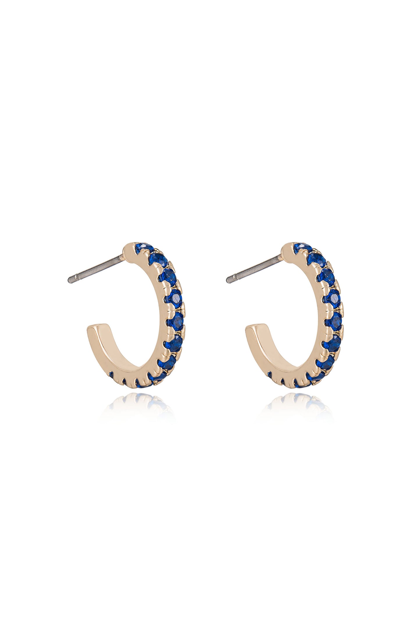 Colorful Crystal 18k Gold Plated Huggie Earrings in sapphire side view
