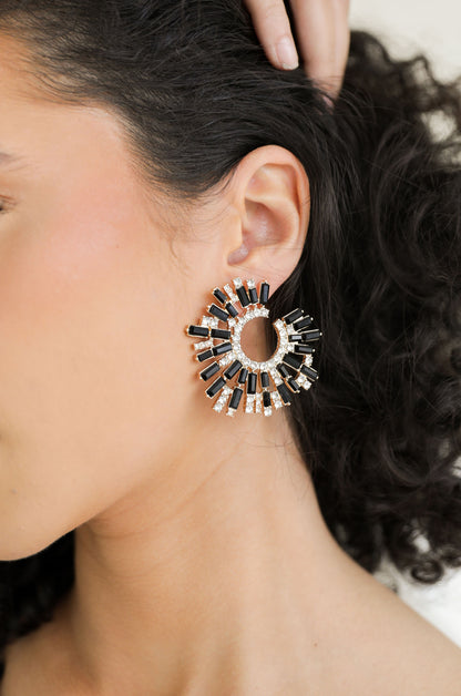 Opulent Crystal Stardust Open Circle Earrings in black model