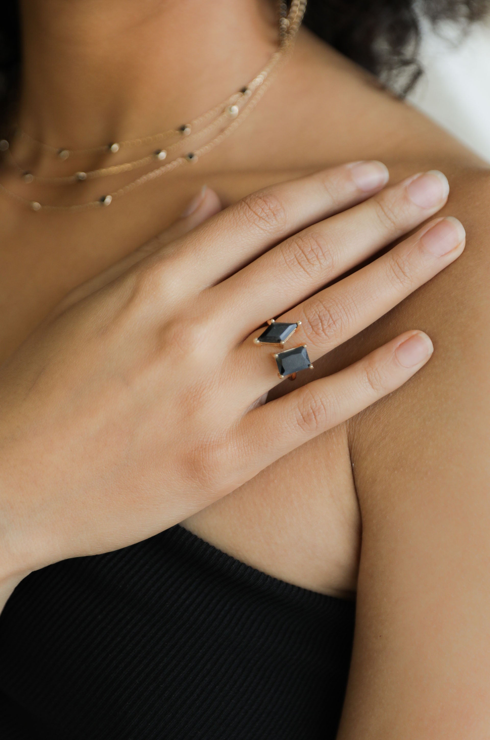 Geometric Statement 18k Gold Plated Ring in black on model