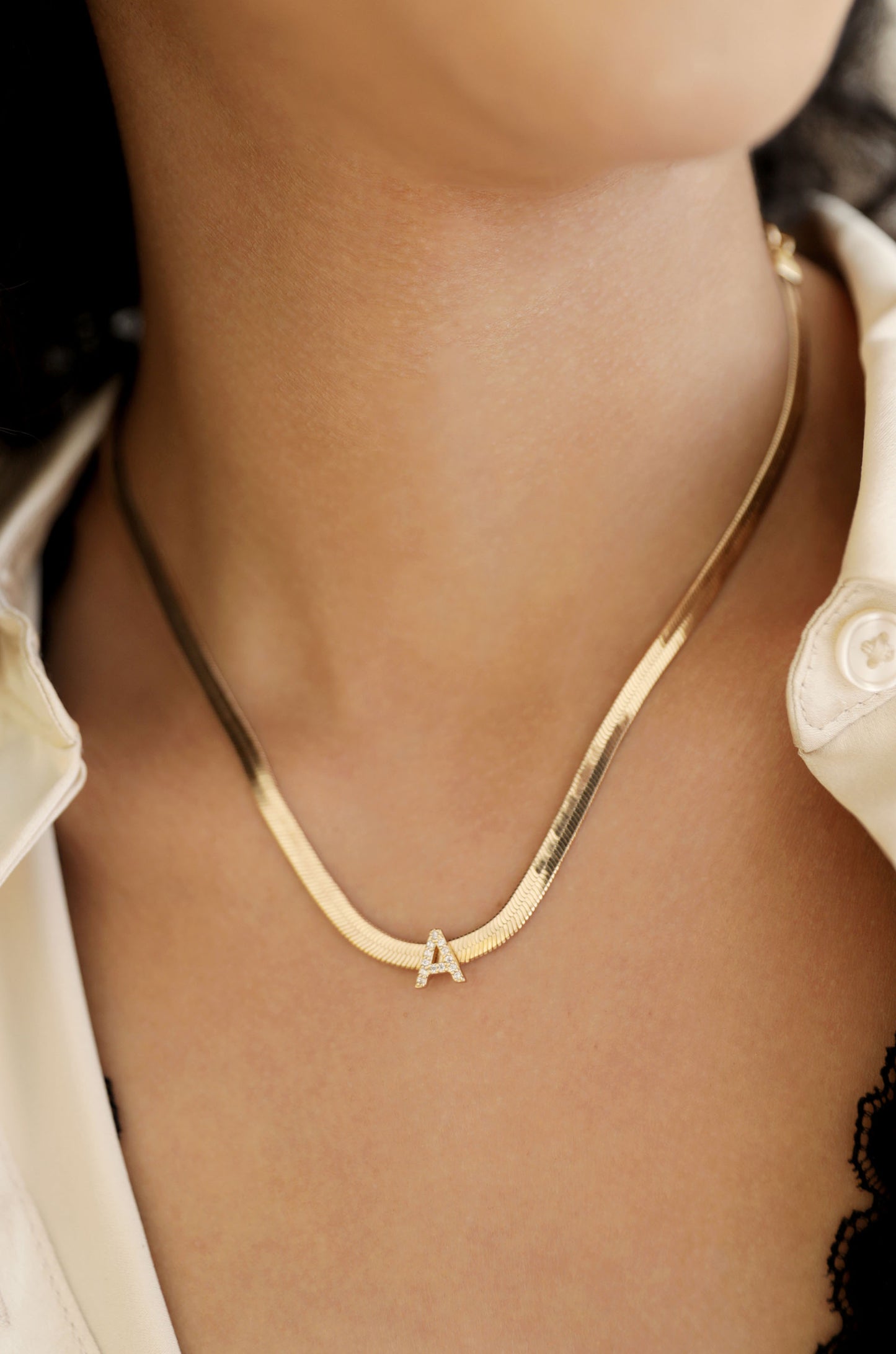 Initial Herringbone 18k Gold Plated Necklace on model 3