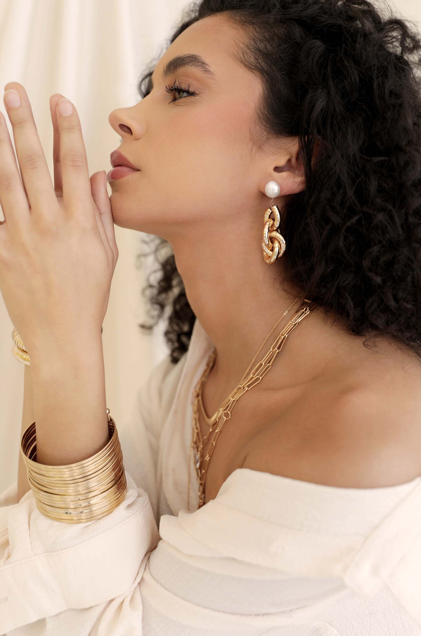 The Easy 18k Gold Plated Bangle Stacked Bracelet on model 4