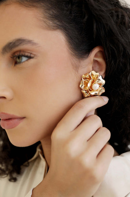 Golden Petals and Pearl Stud Earrings on model
