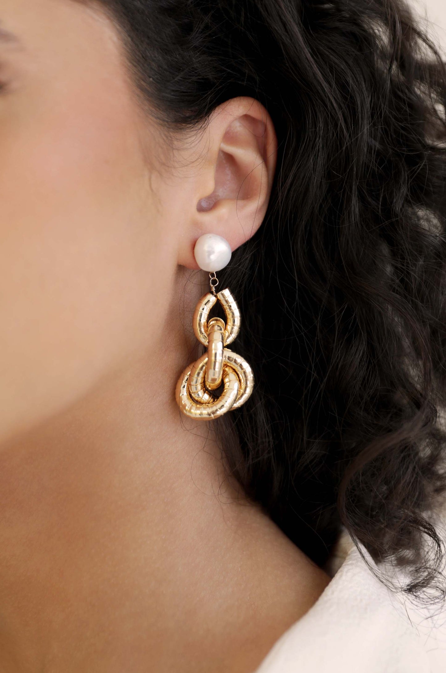 Liquid Gold Pearl 18k Gold Plated Drop Earrings on model 5