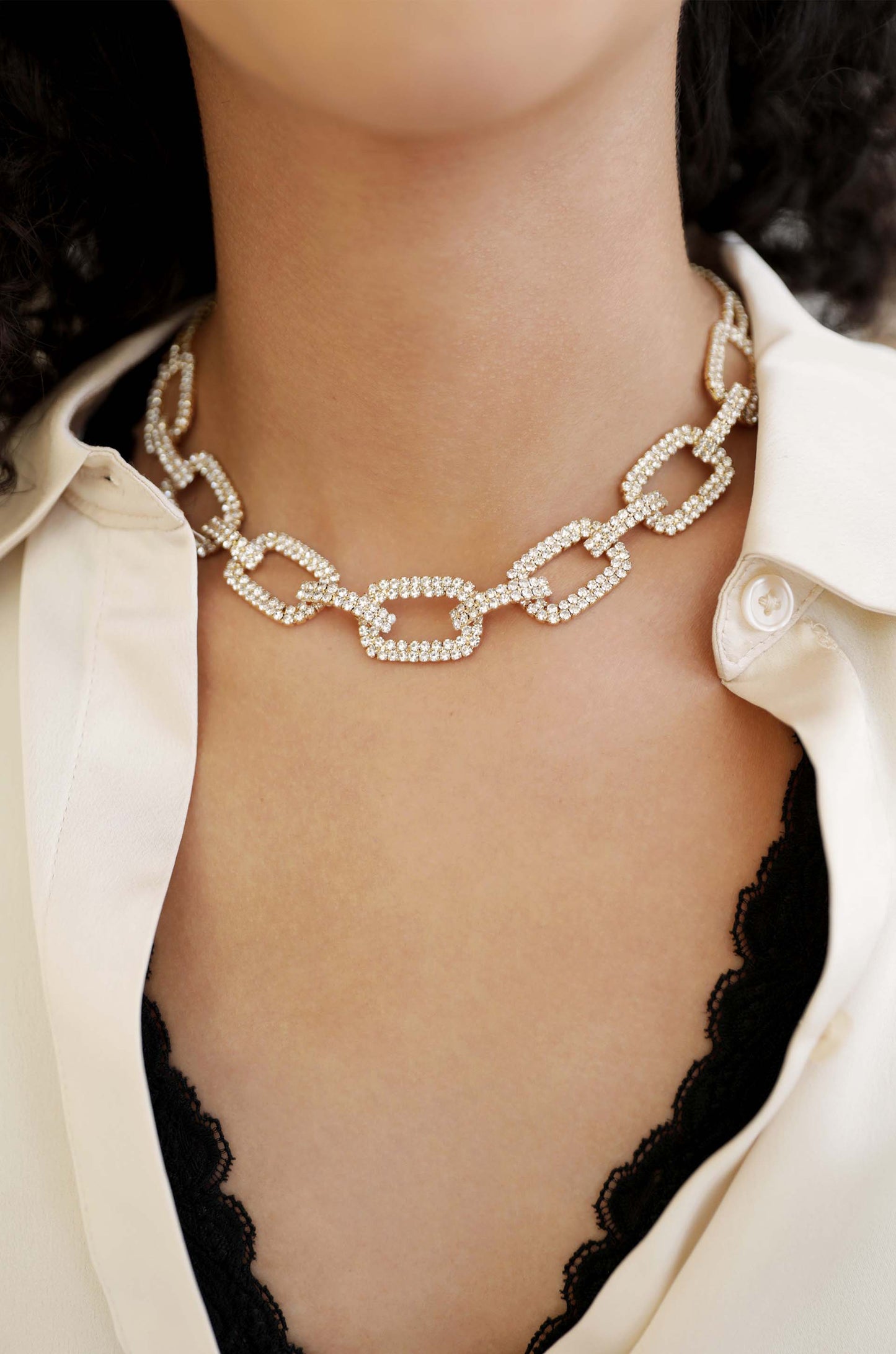 Bold Crystal Links 18k Gold Plated Choker on model