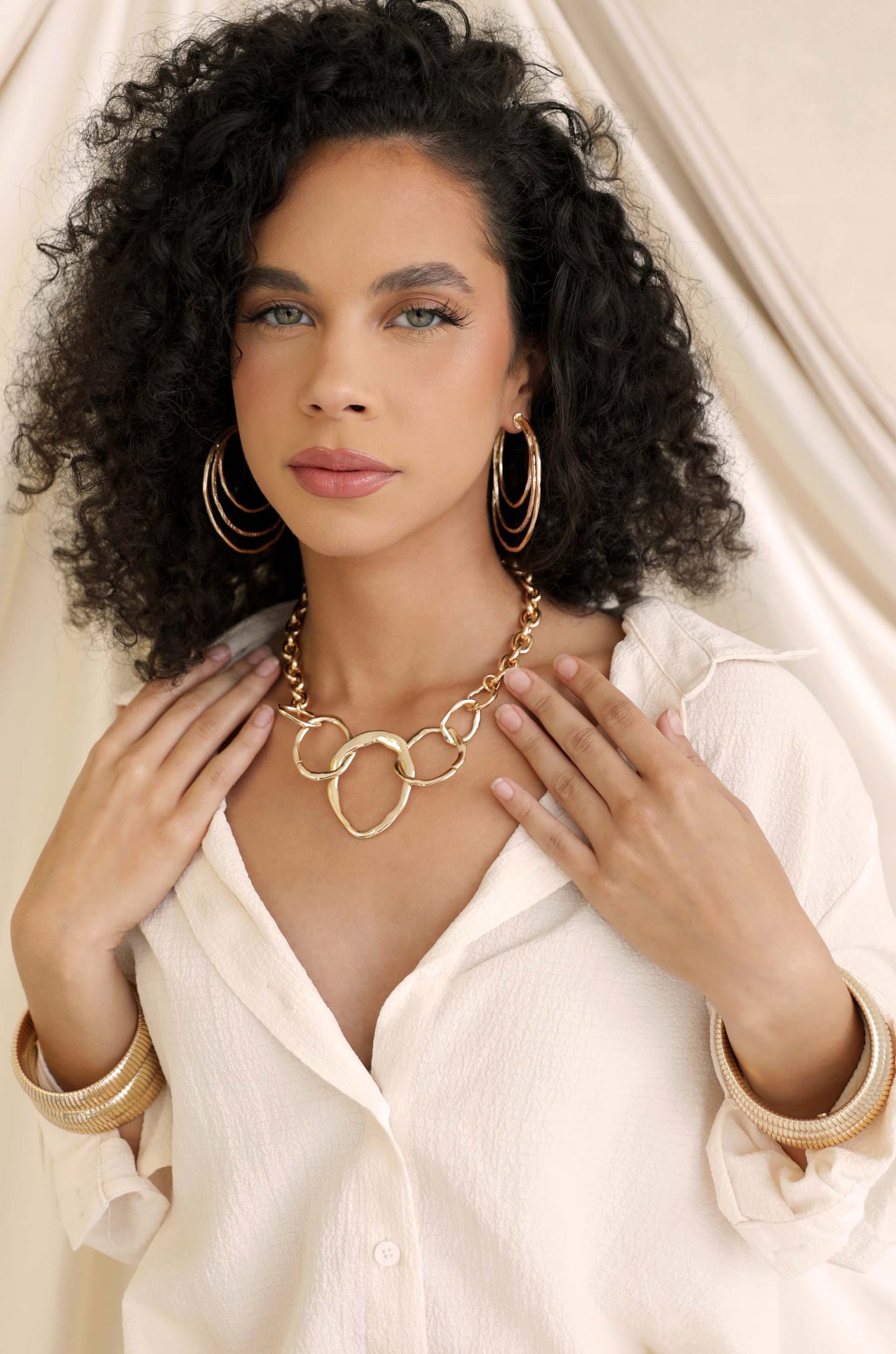 Interlocking Gold Drip Circles 18k Gold Plated Necklace on model 2