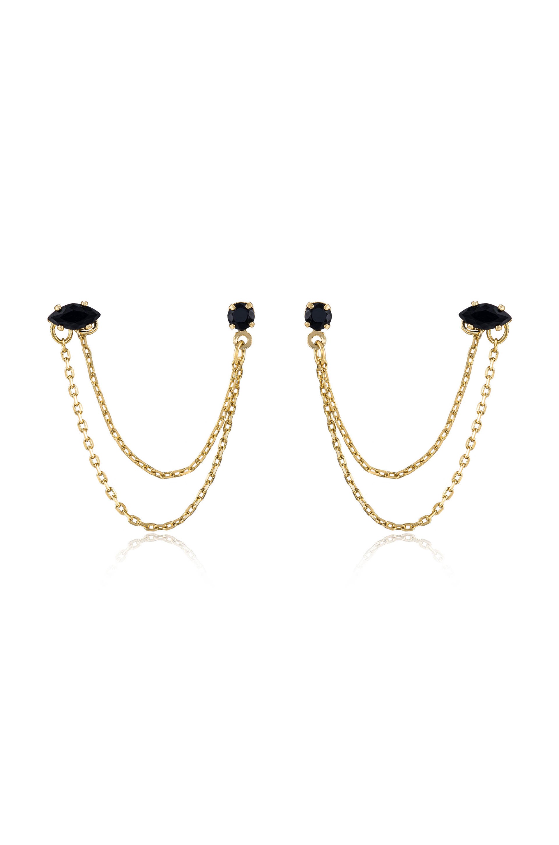 Double Piercing Chain Dangle Earrings Black Crystal with 18k Gold Plating