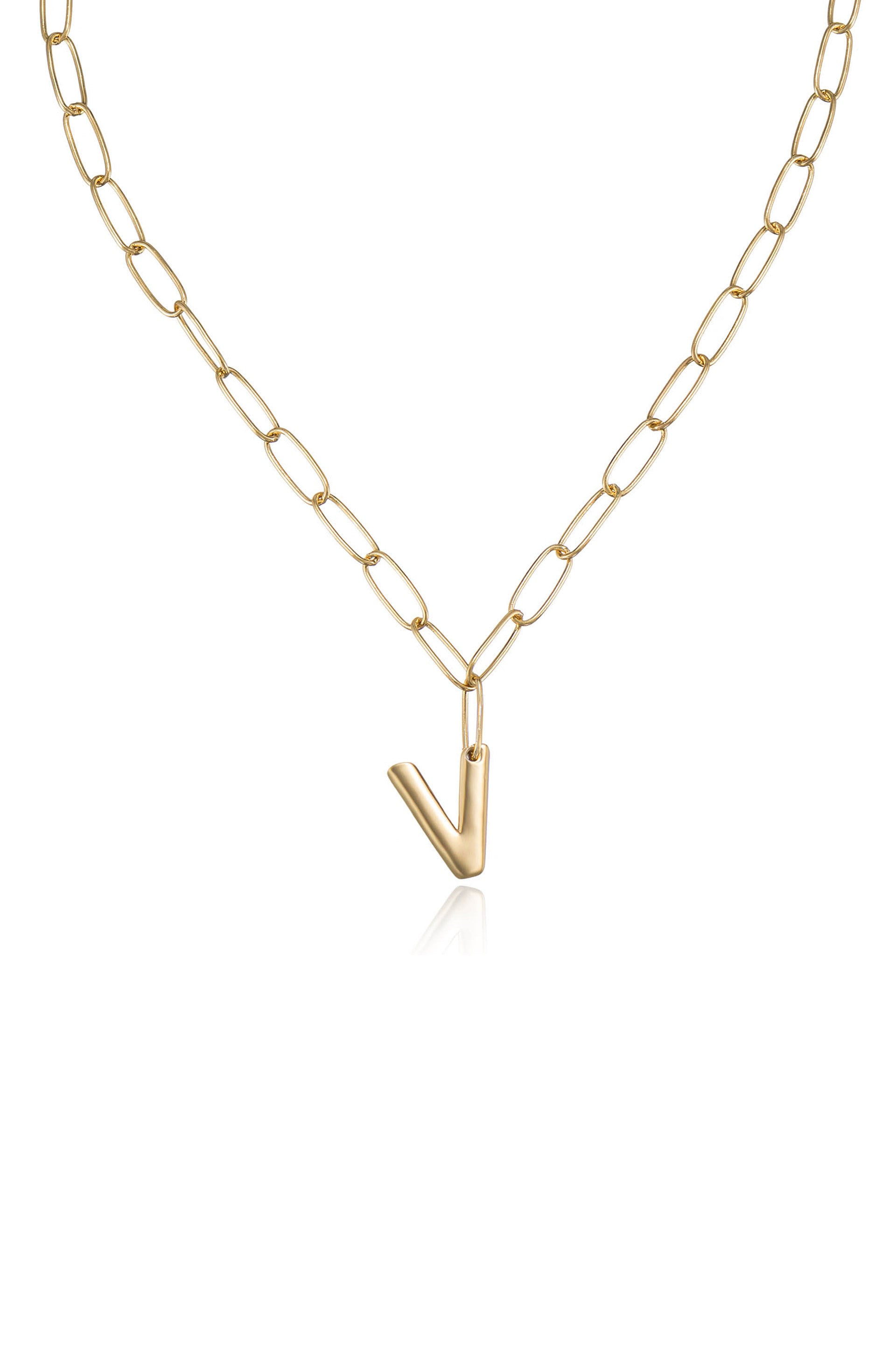 Paperclip Link Initial Necklace V 18k Gold Plated