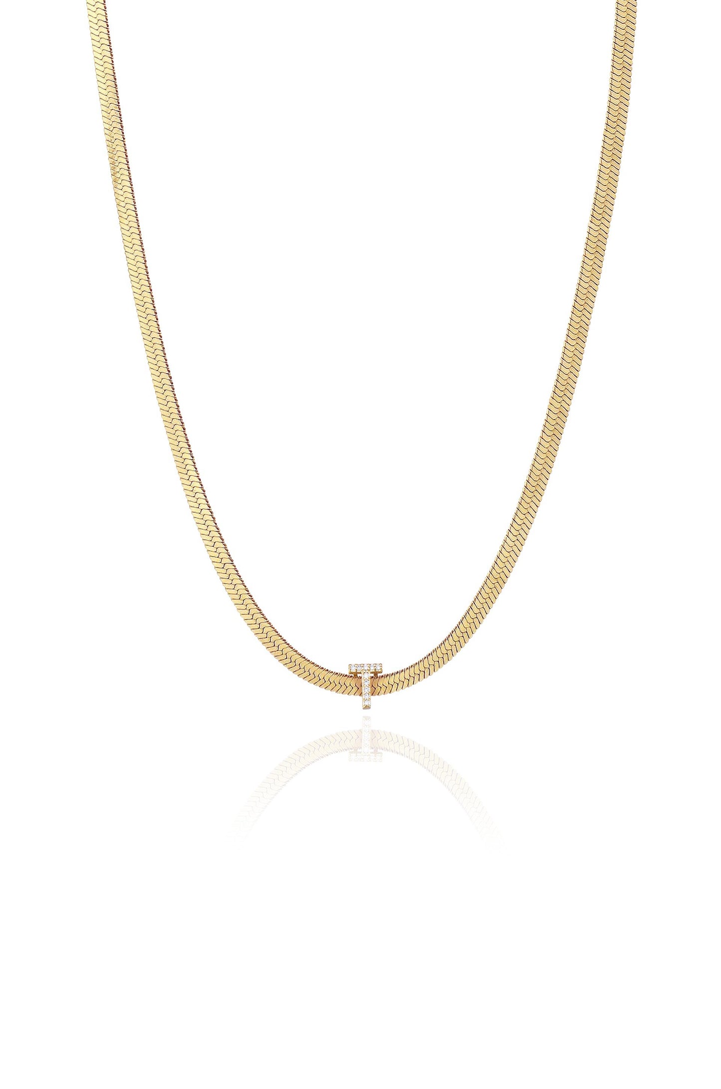 Initial Herringbone 18k Gold Plated Necklace - T