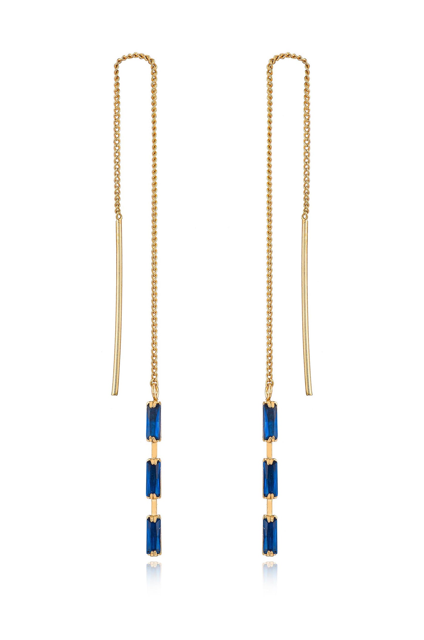 Crystal Baguette Threader Earrings in sapphire