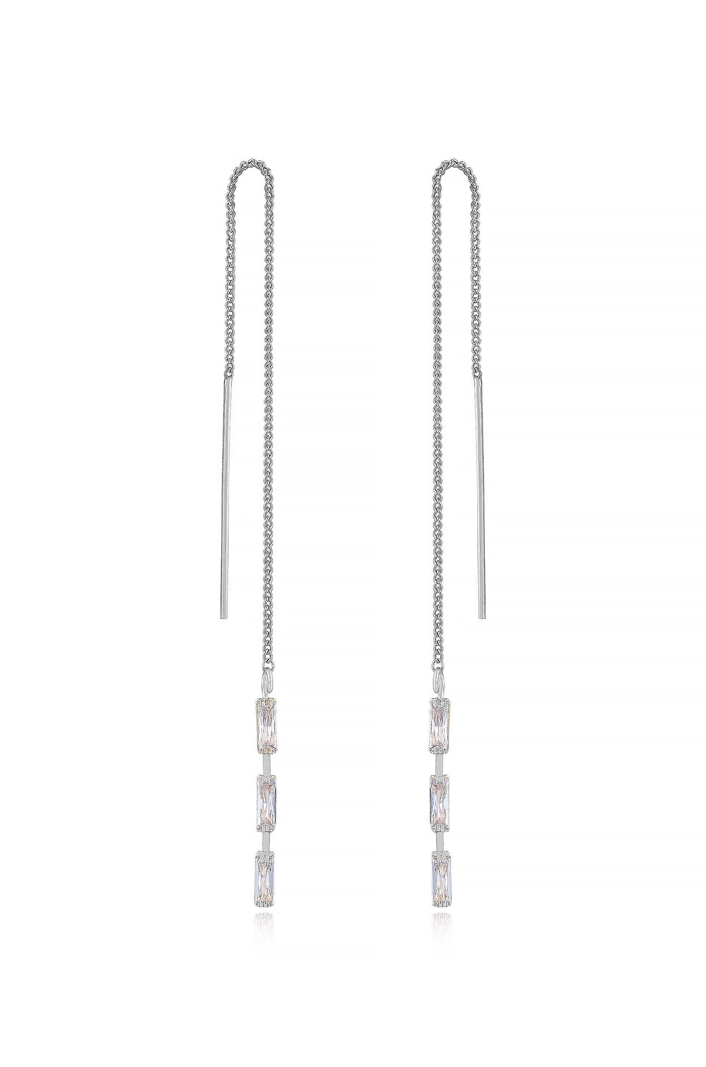 Crystal Baguette Threader Earrings Clear Crystal with Rhodium Plating