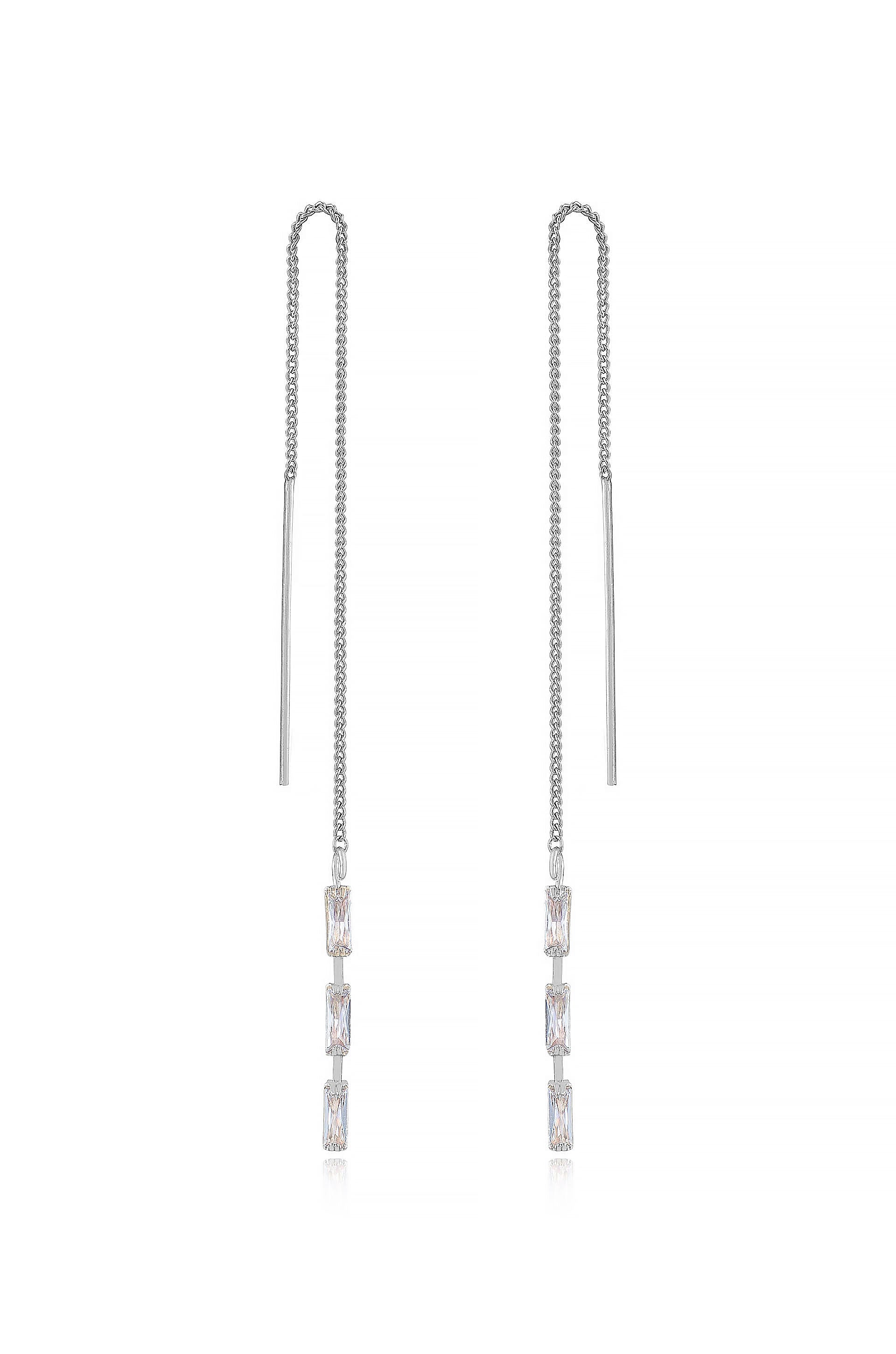 Crystal Baguette Threader Earrings Clear Crystal with Rhodium Plating