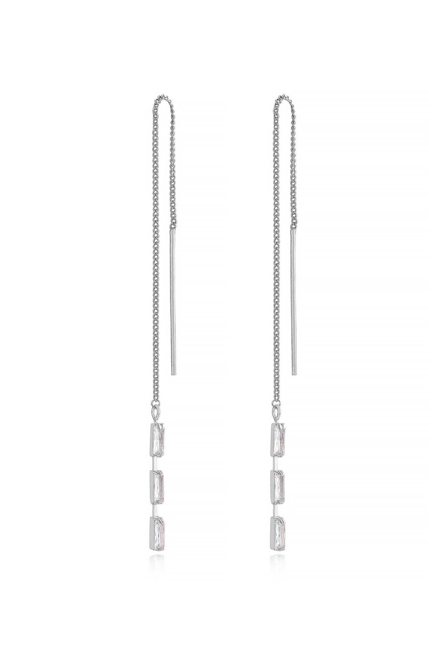 Crystal Baguette Threader Earrings in rhodium side