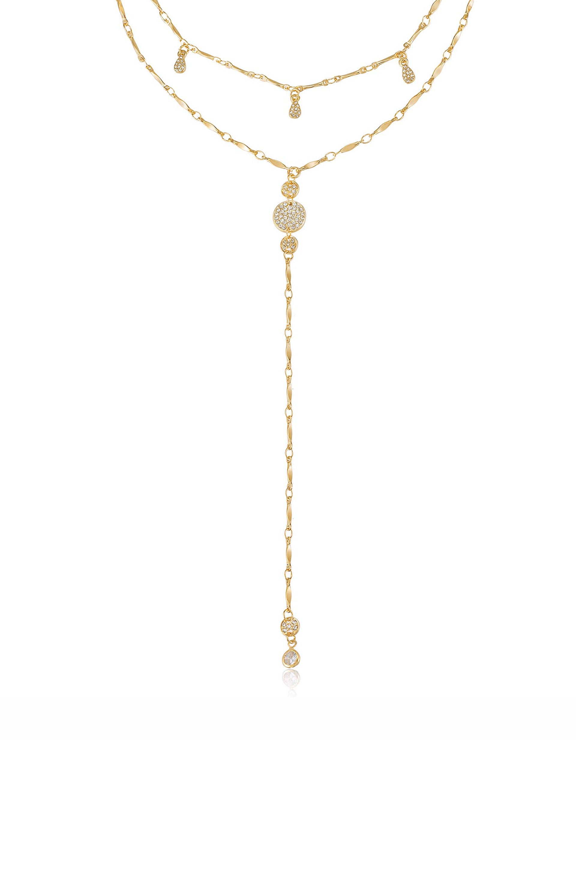 Carmine Layered Crystal Lariat Necklace 18k Gold Plated