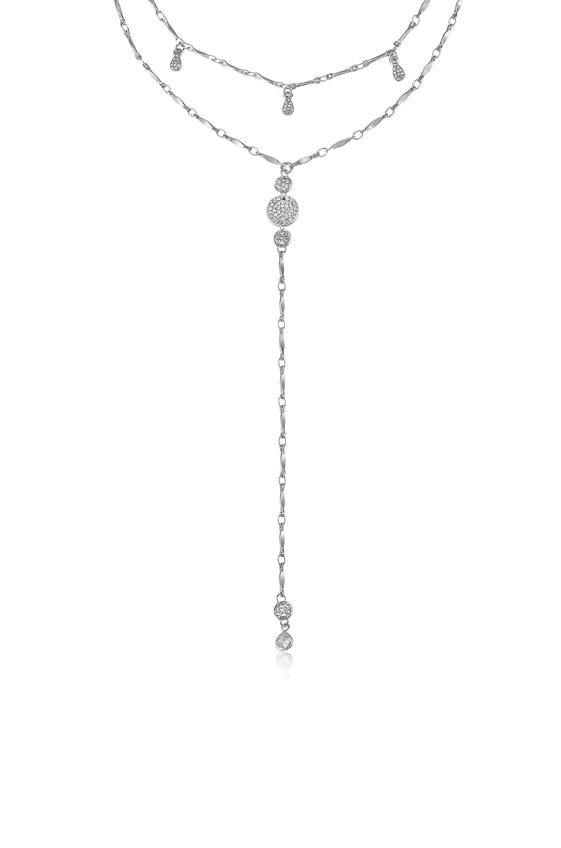 Carmine Layered Crystal Lariat Necklace Rhodium Plated