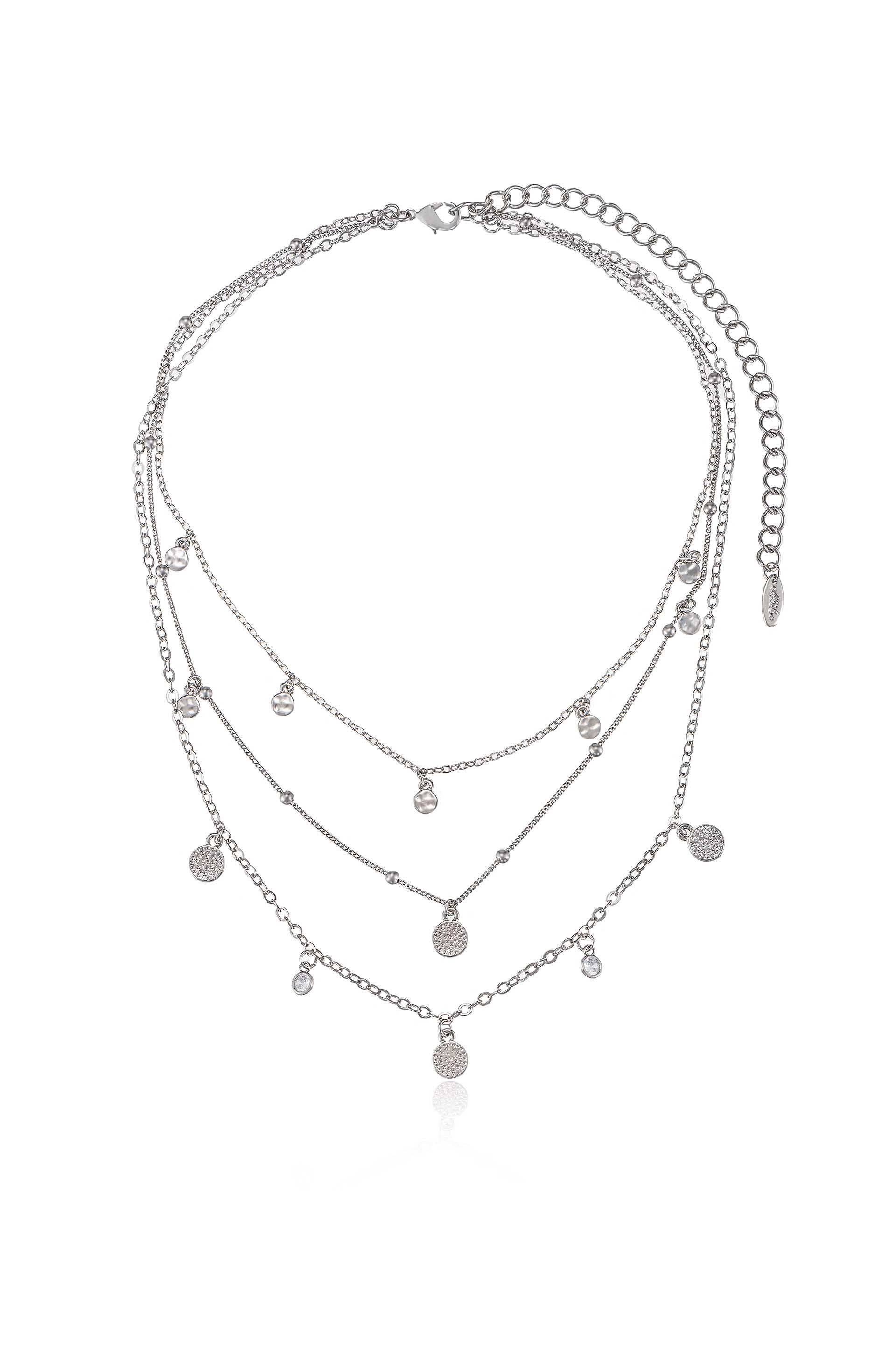 Crystal Detailed Triple Layer Necklace Rhodium Plated