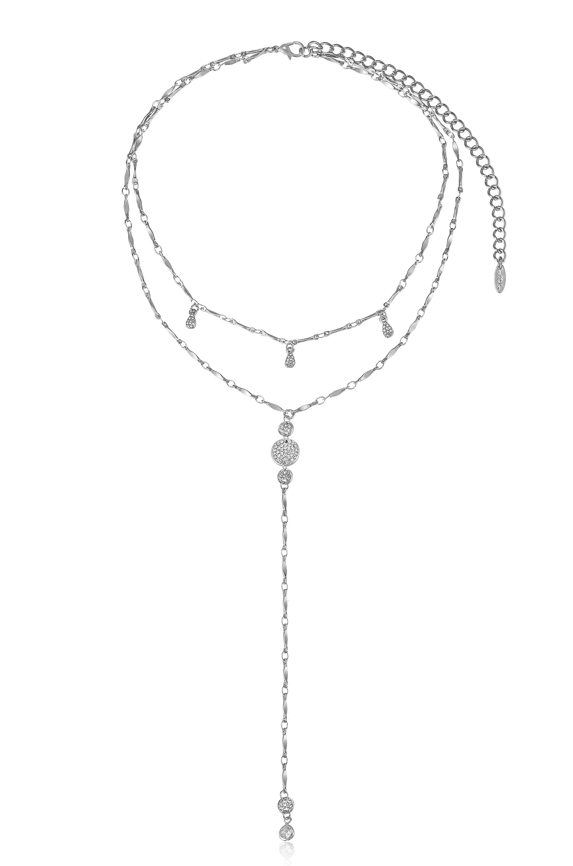 Carmine Layered Crystal Lariat Necklace Rhodium Plated 4