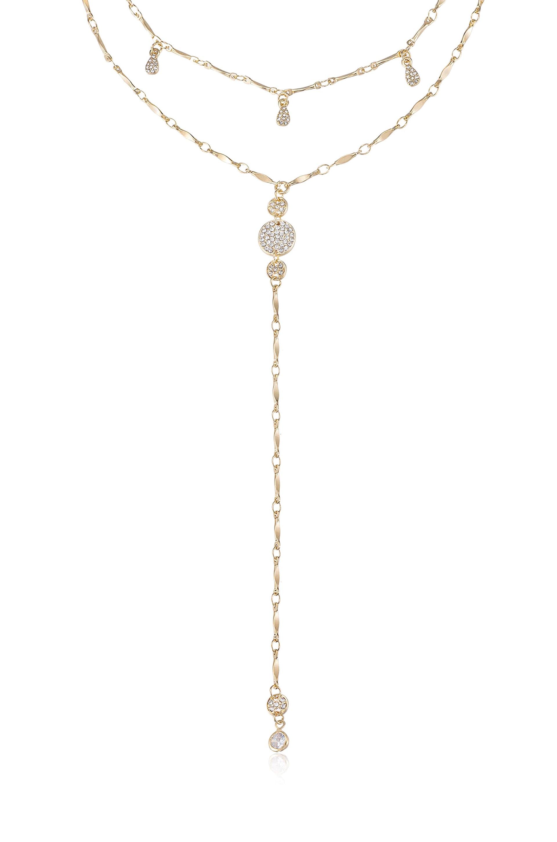 Carmine Layered Crystal Lariat Necklace 18k Gold Plated 3