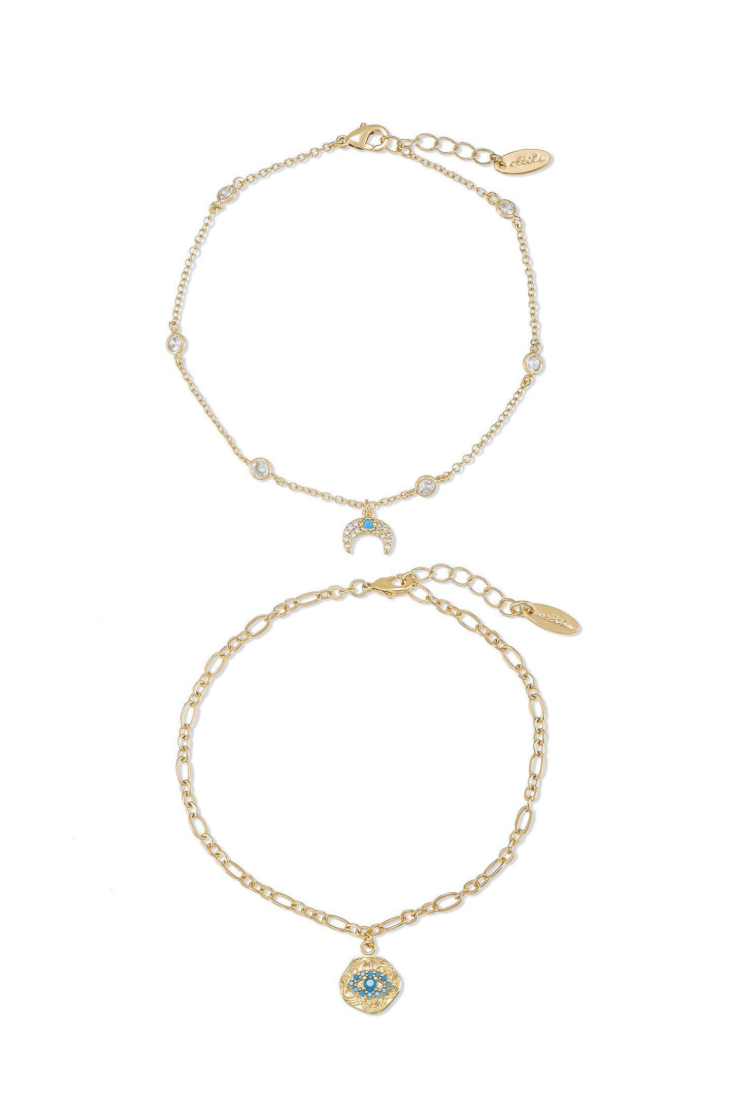 Blue Third Eye & Crystal Horn 18k Gold Plated Anklet Set of 2