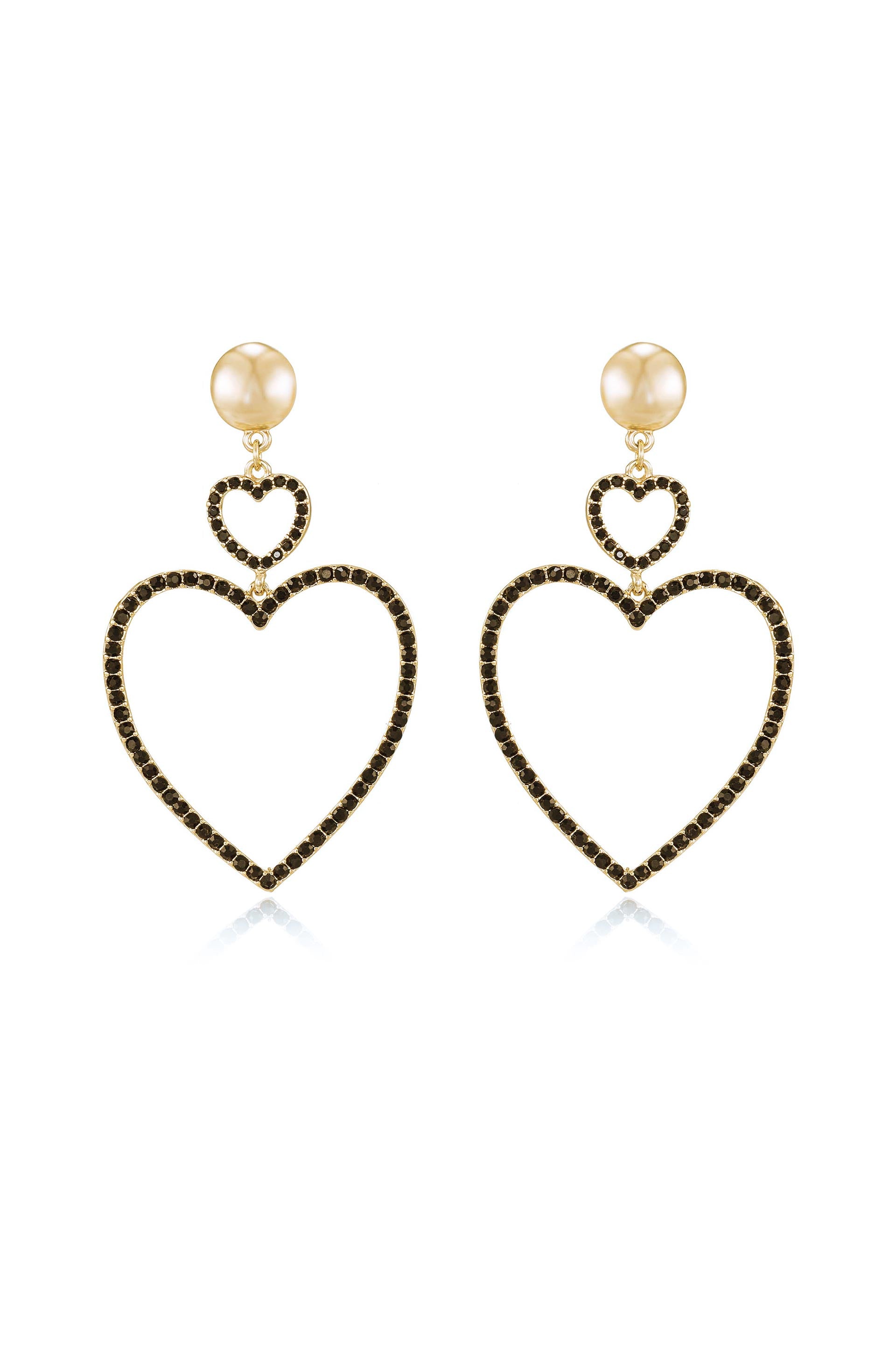 Double Heart Crystal Drop Earrings in black