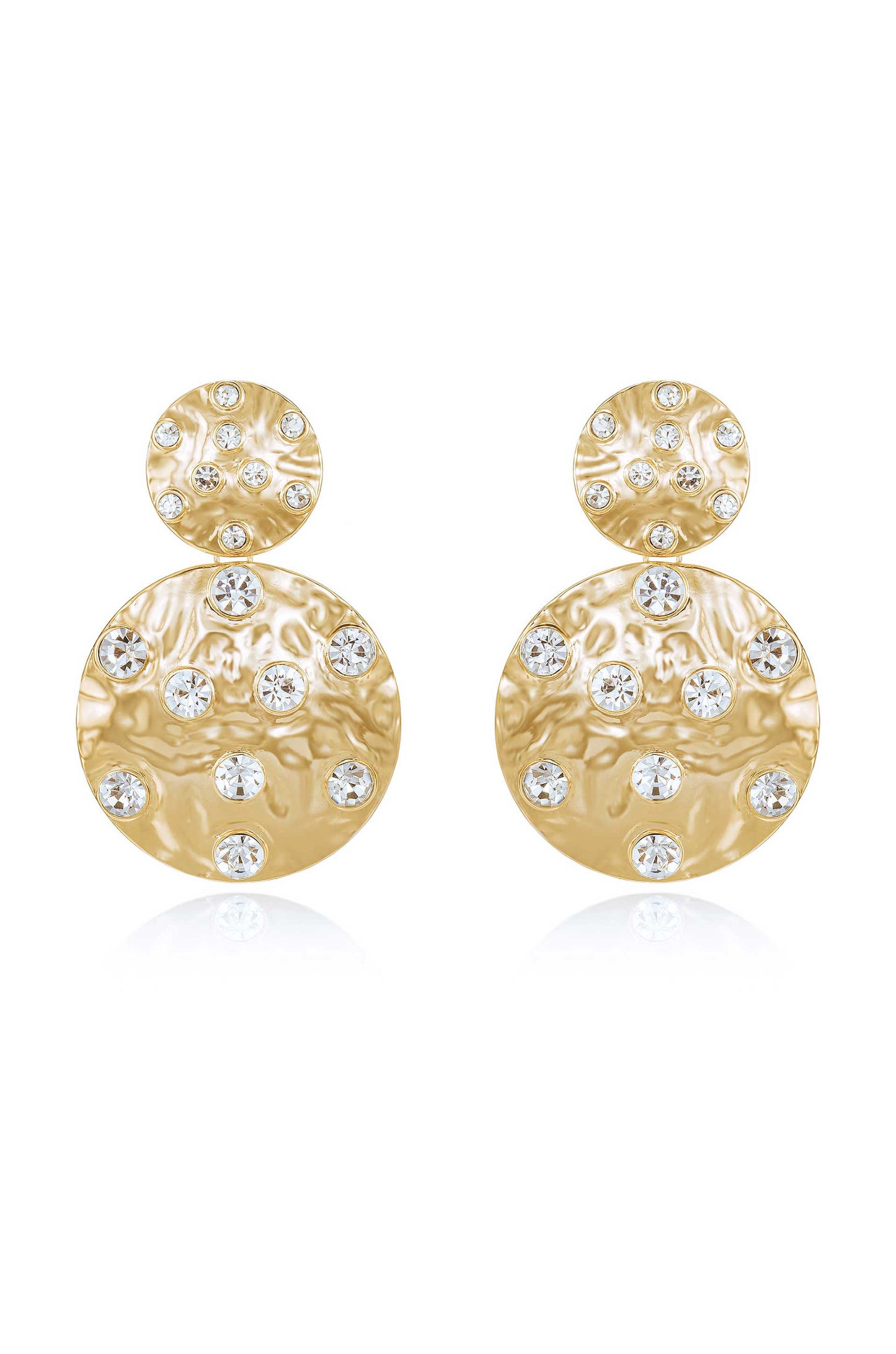 Double Crystal Studded Disc 18k Gold Plated Earrings