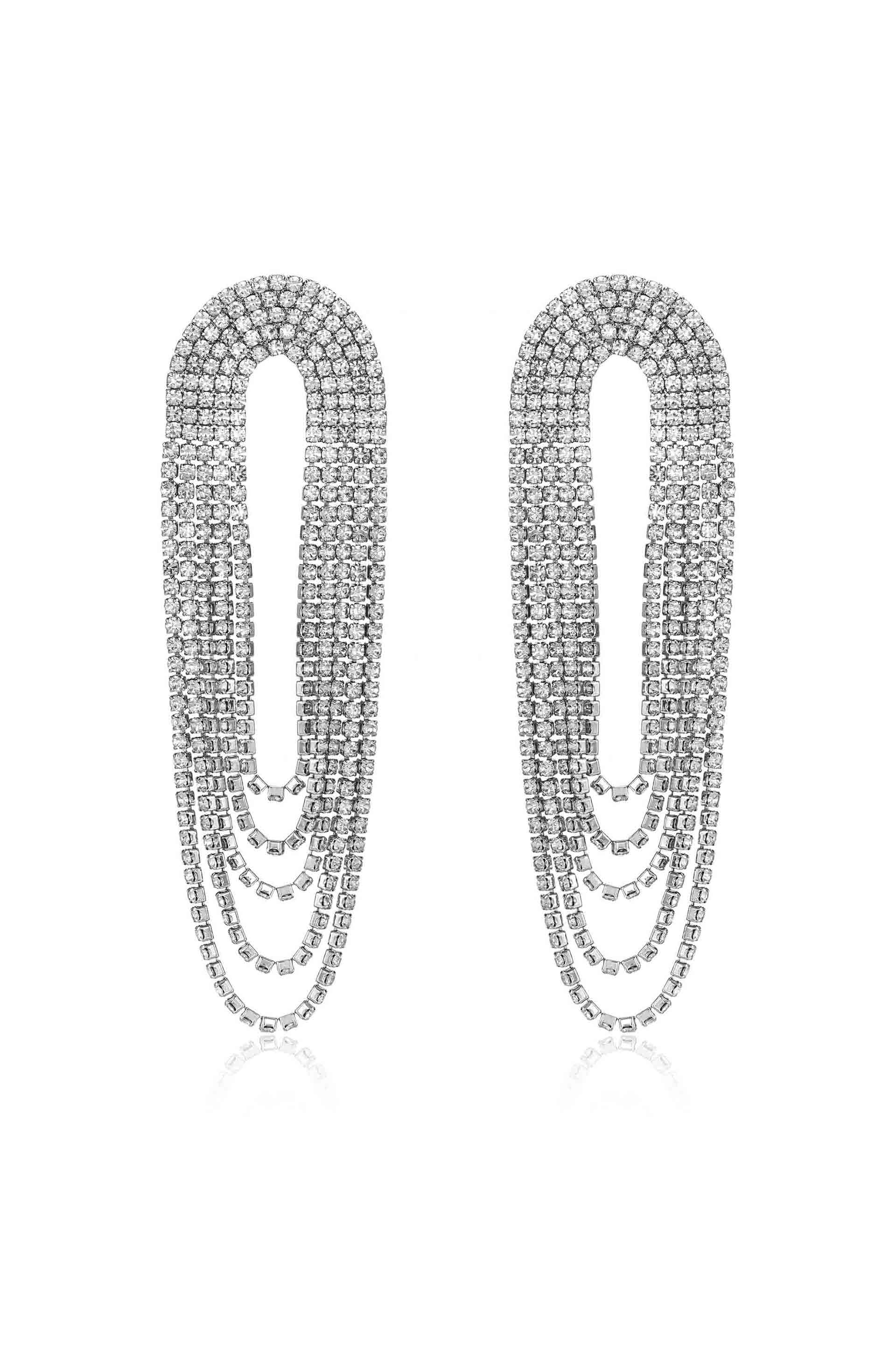 Crystal Drape Fringe Earrings Clear Crystal with Rhodium Plating