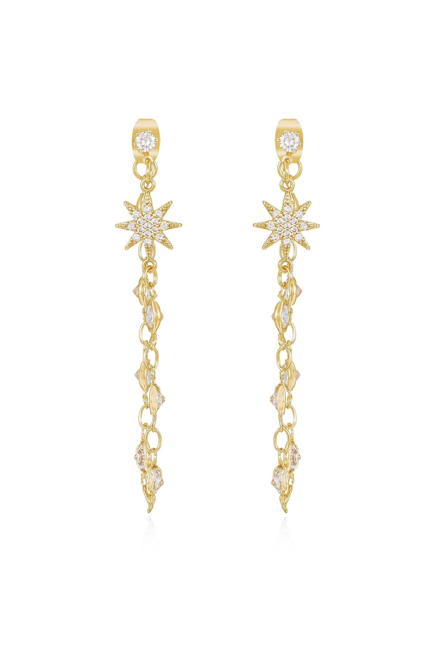 Starburst Crystal Chain Dangle 18k Gold Plated Earrings front