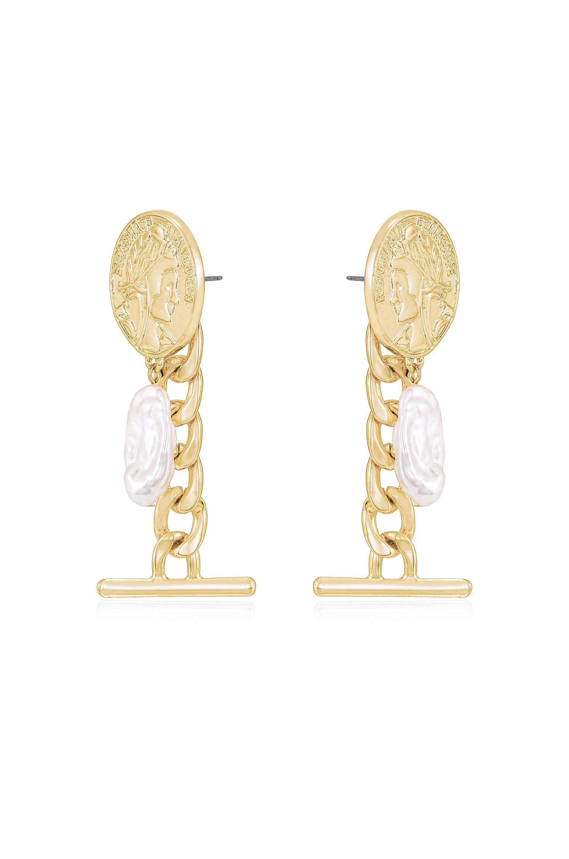 Ancient Coin and Pearl Charm Drop Earrings side