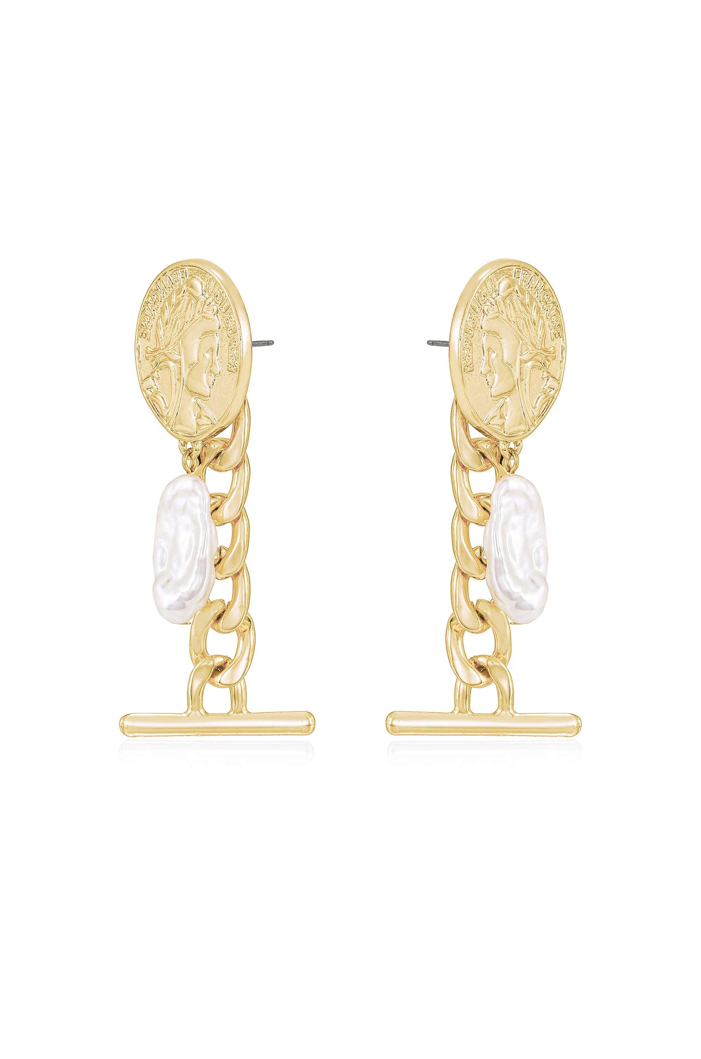 Ancient Coin and Pearl Charm Drop Earrings side