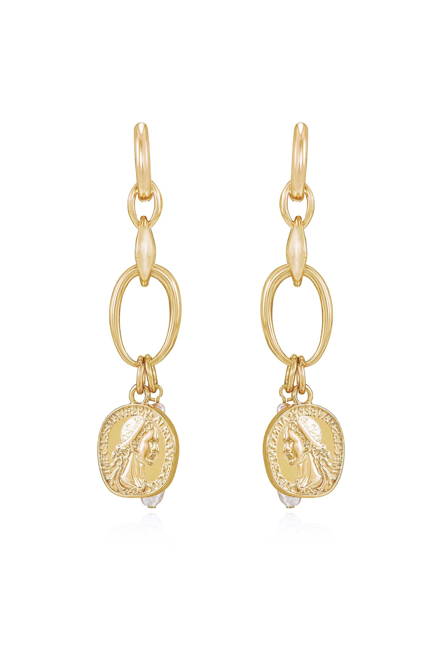 Trinket Treasures 18k Gold Plated Coin and Pearl Dangle Earrings