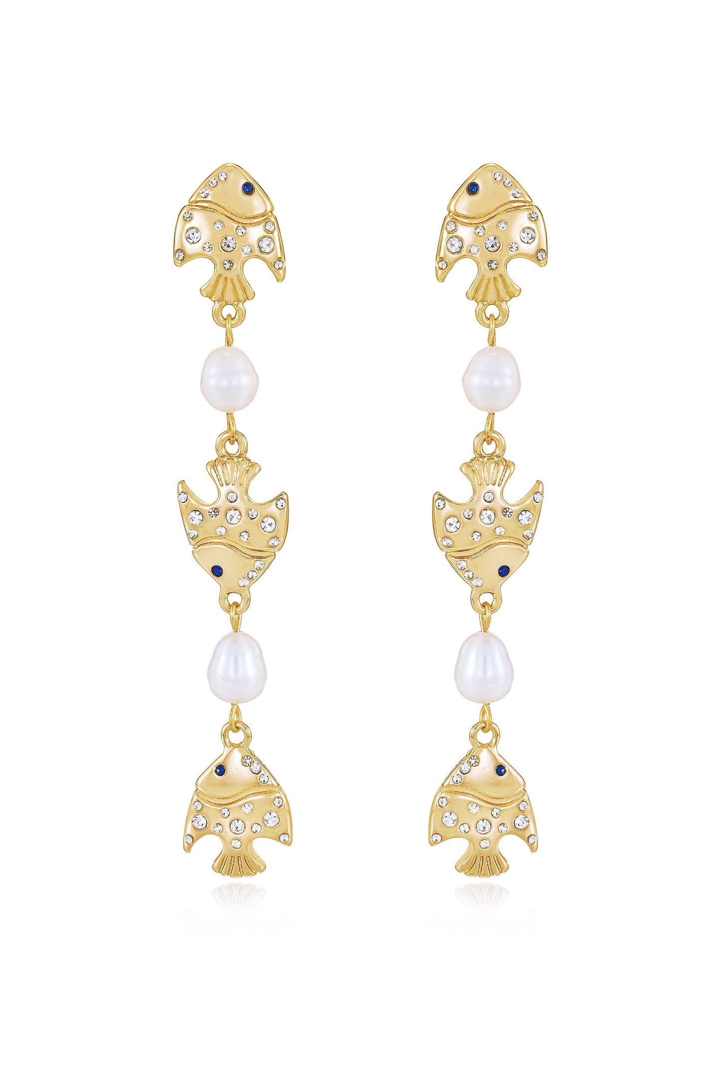 Tropical Fish and Pearl Dangle 18k Gold Plated Earrings