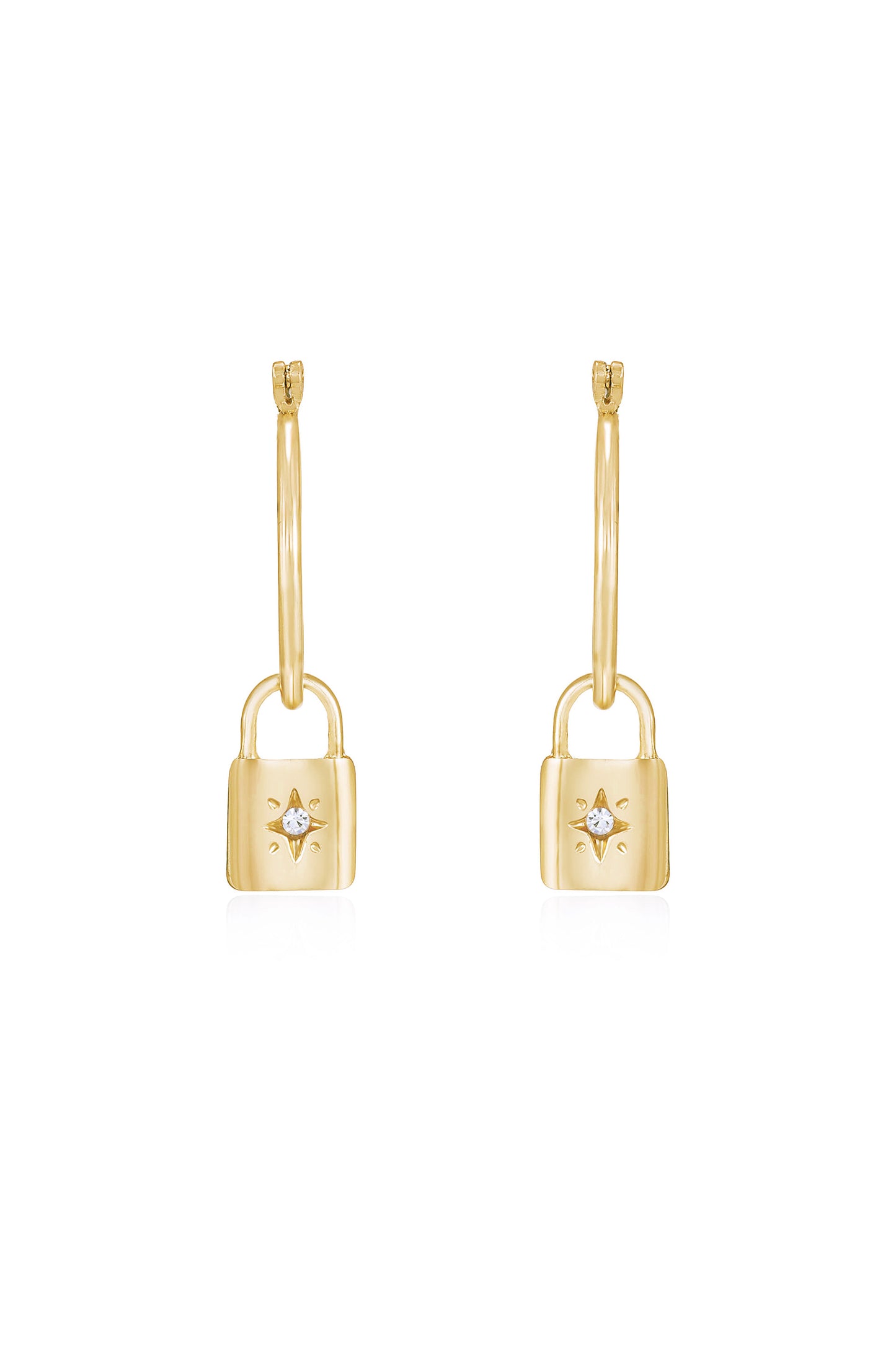 Golden Hoop 18k Gold Plated Earrings with Star Lock Charm front