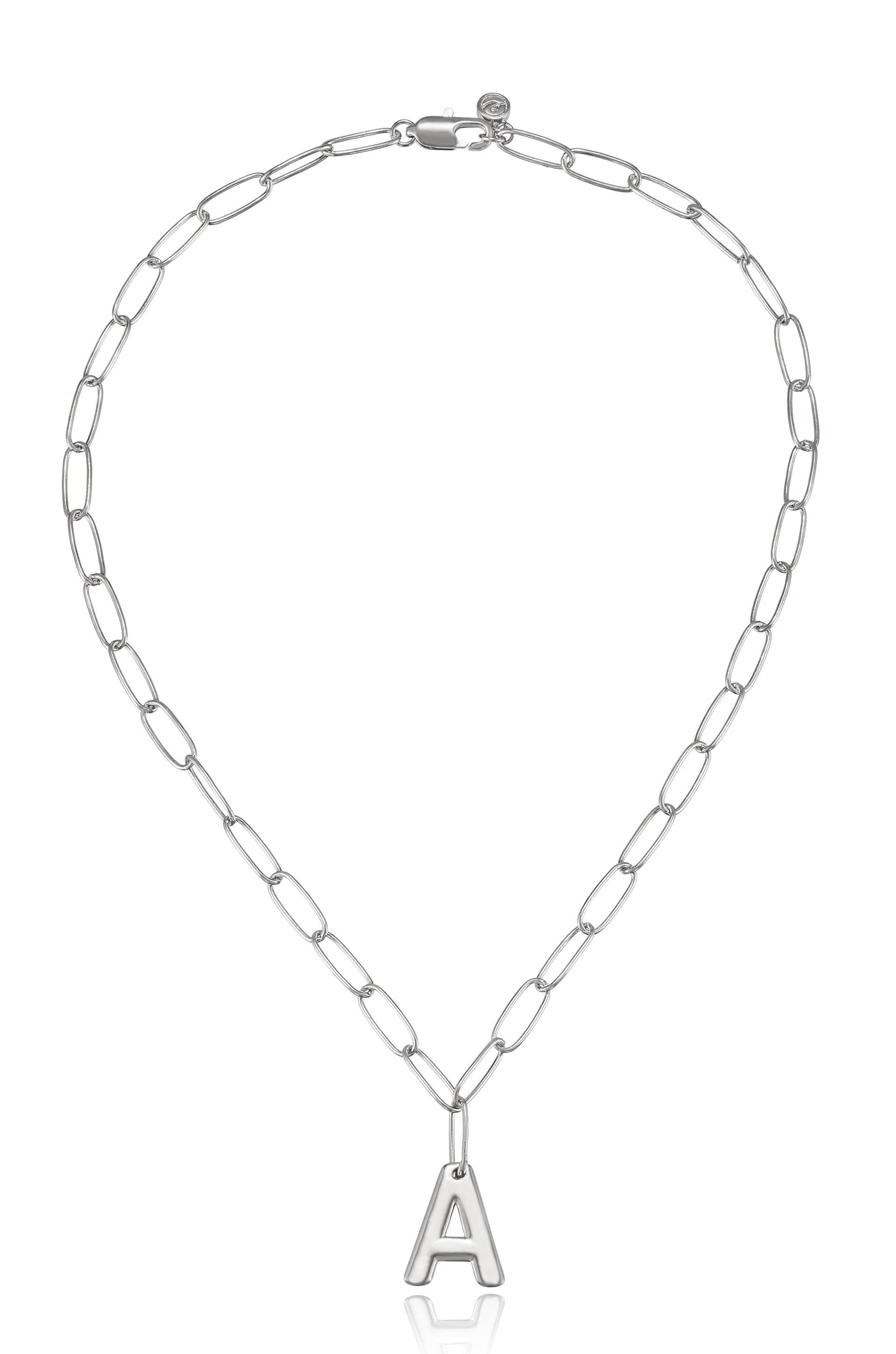 Paperclip Link Initial Necklace A Rhodium Plated