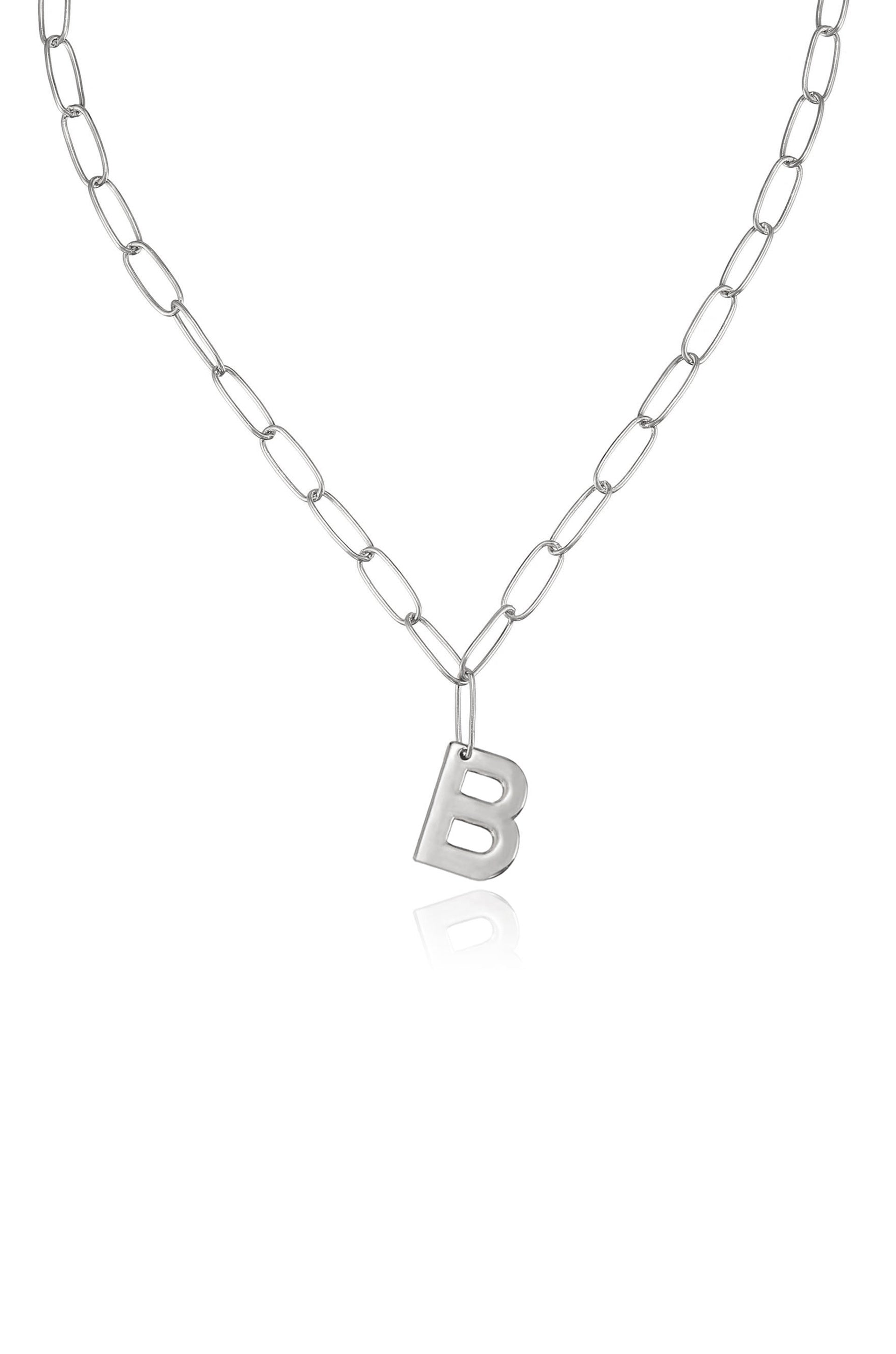 Paperclip Link Initial Necklace B Rhodium Plated